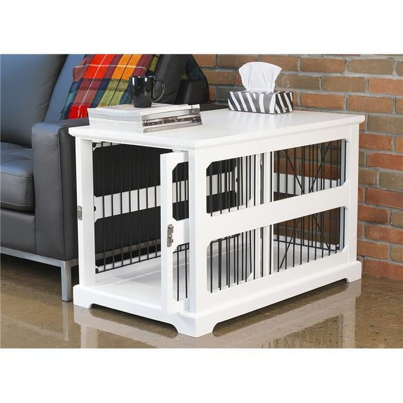 Modern White Slide-Aside Pet Crate & Side Table - Medium