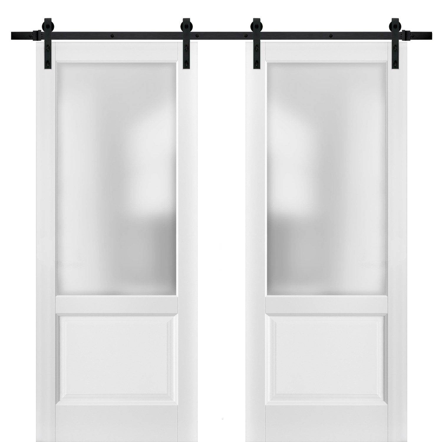 White Frosted Glass Double Barn Doors with Hardware