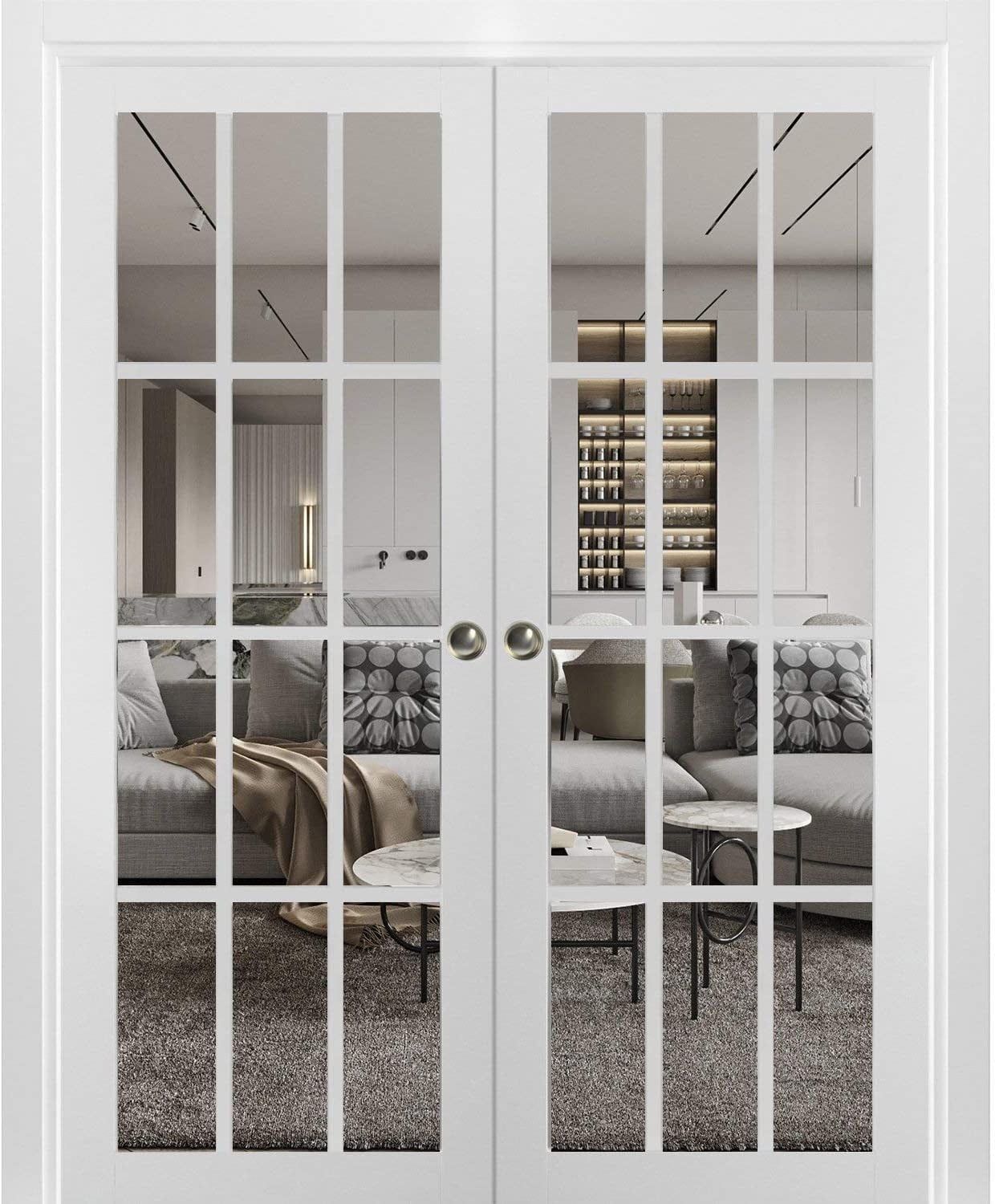 Matte White French Double Pocket Doors with Clear Glass Panels