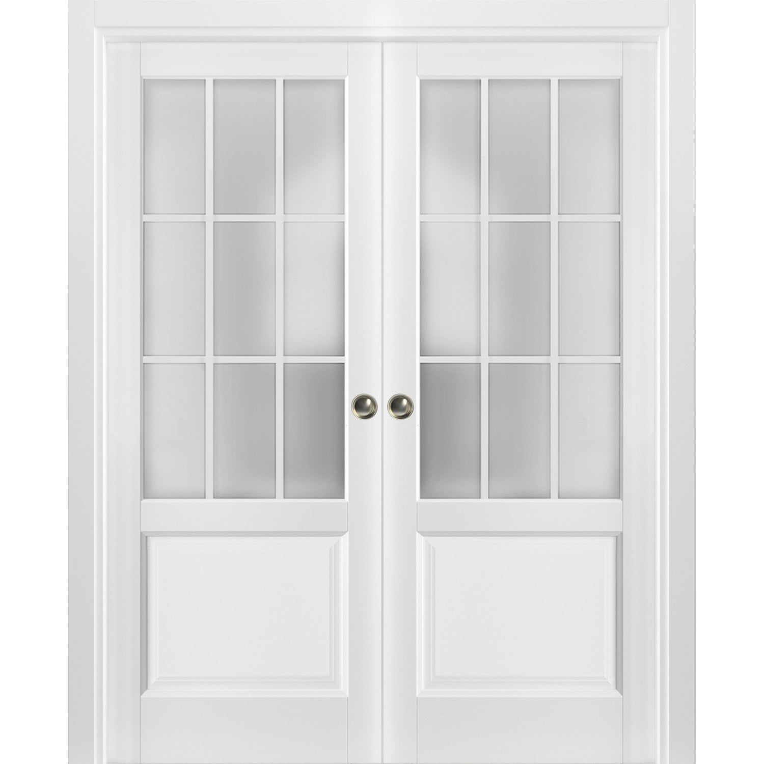 Matte White 64" x 80" French Double Pocket Doors with Frosted Glass