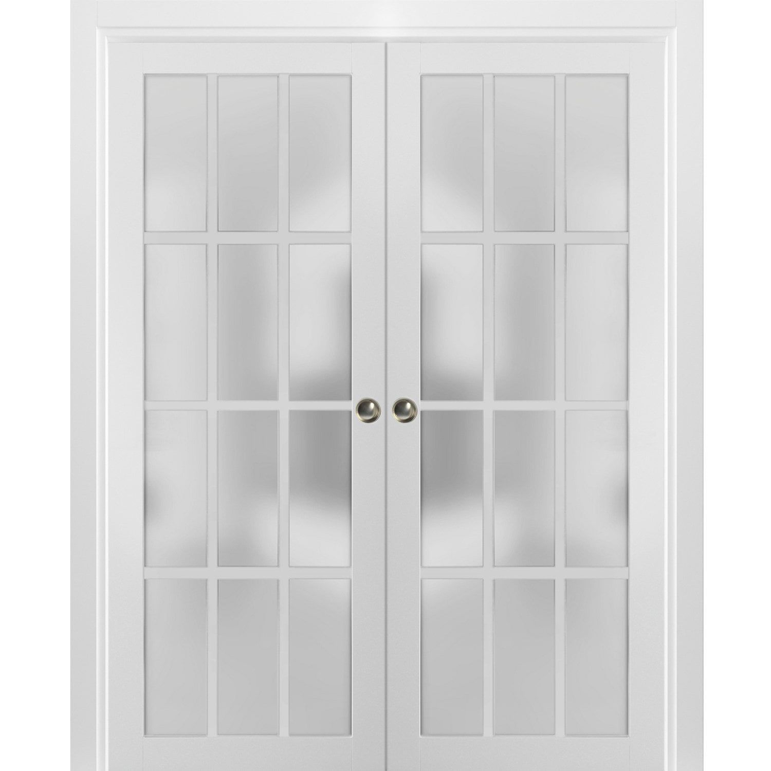 Matte White 64" x 84" French Double Pocket Doors with Frosted Glass