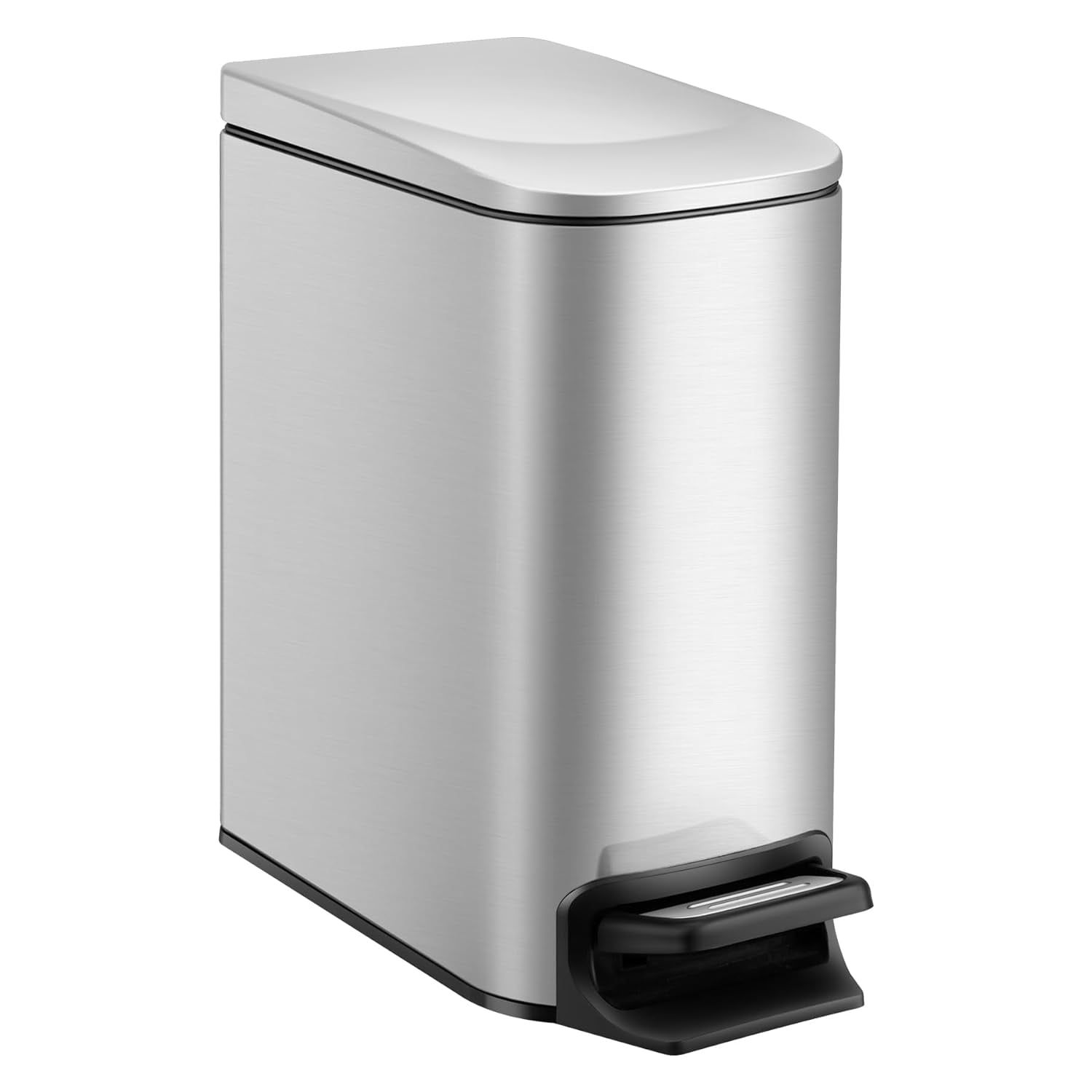 Slim Silver Stainless Steel Soft Close Trash Can with Pedal, 6 Liter