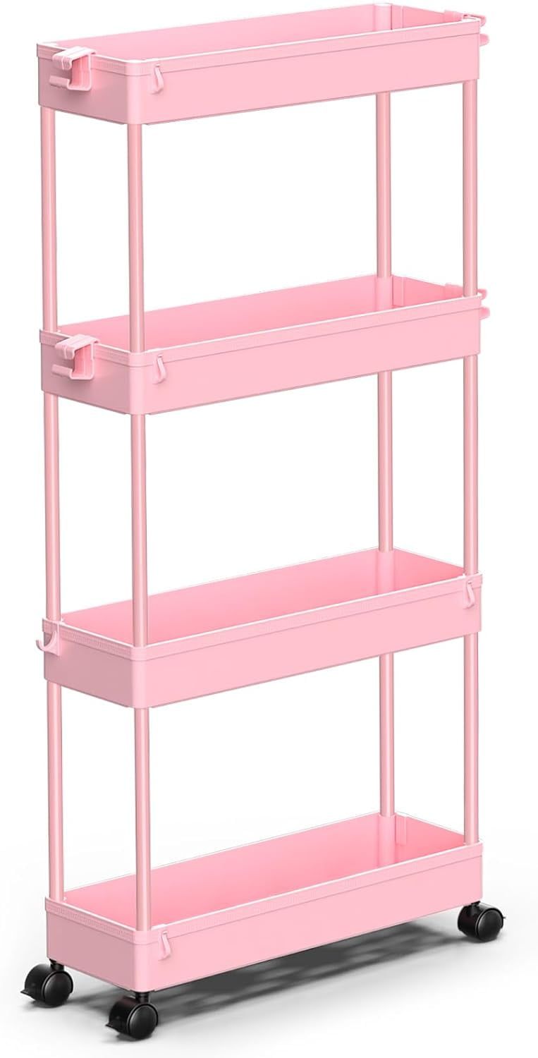 Pink 4-Tier Slim Plastic Rolling Storage Cart