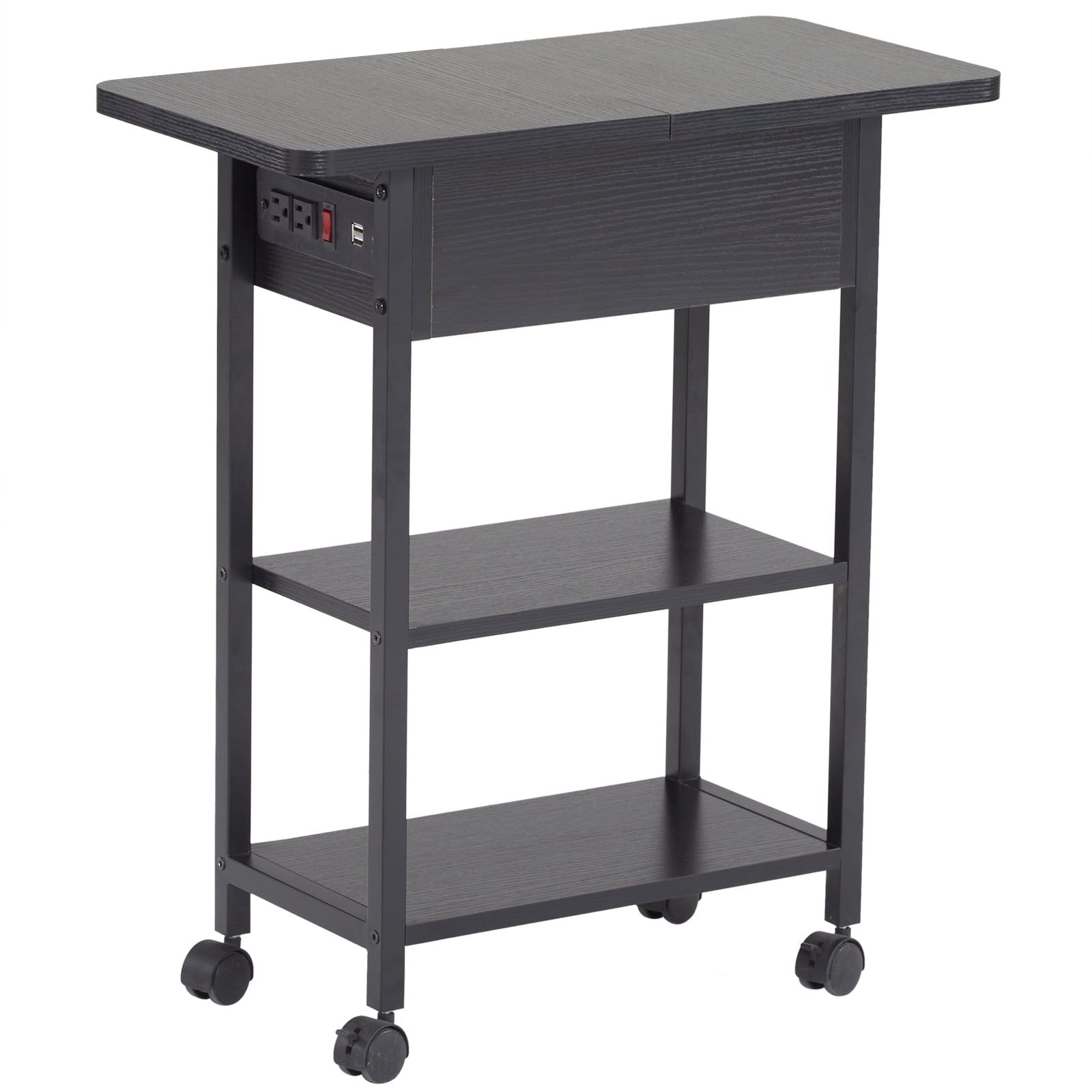 Black Slim Rolling Side Table with Charging Station and Shelves