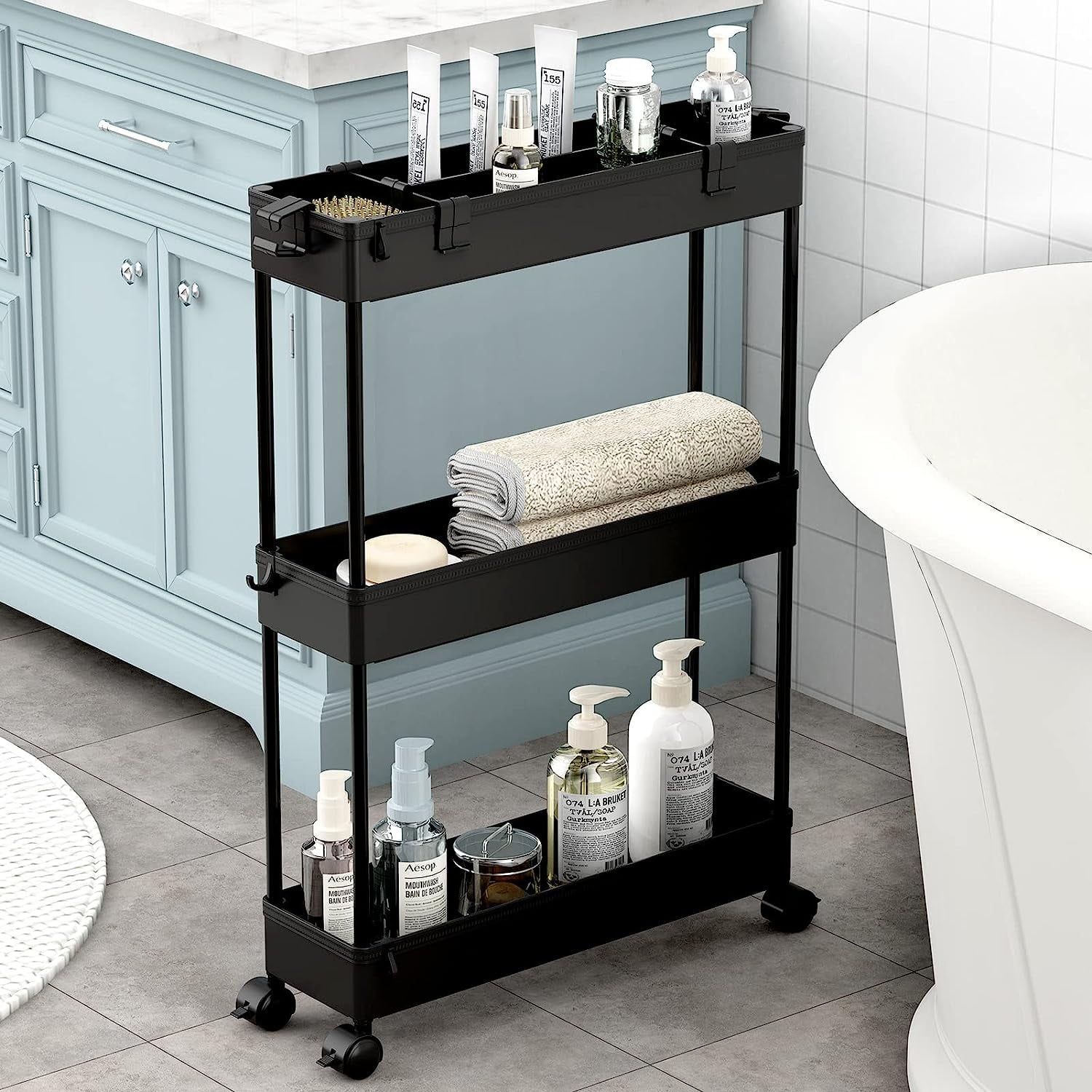 Black 3-Tier Slim Rolling Storage Cart for Laundry and Bathroom