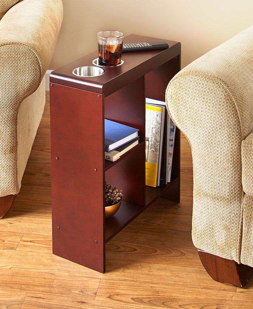 Slim Walnut Wood End Table with Drink Holders