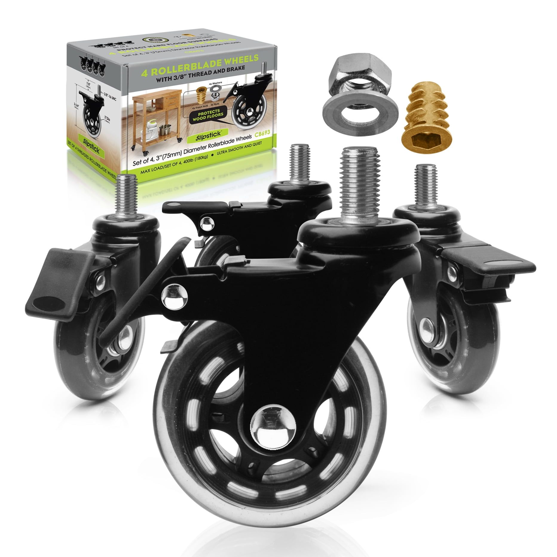 Slipstick 3-Inch Black and Clear Rubber Swivel Casters with Brake