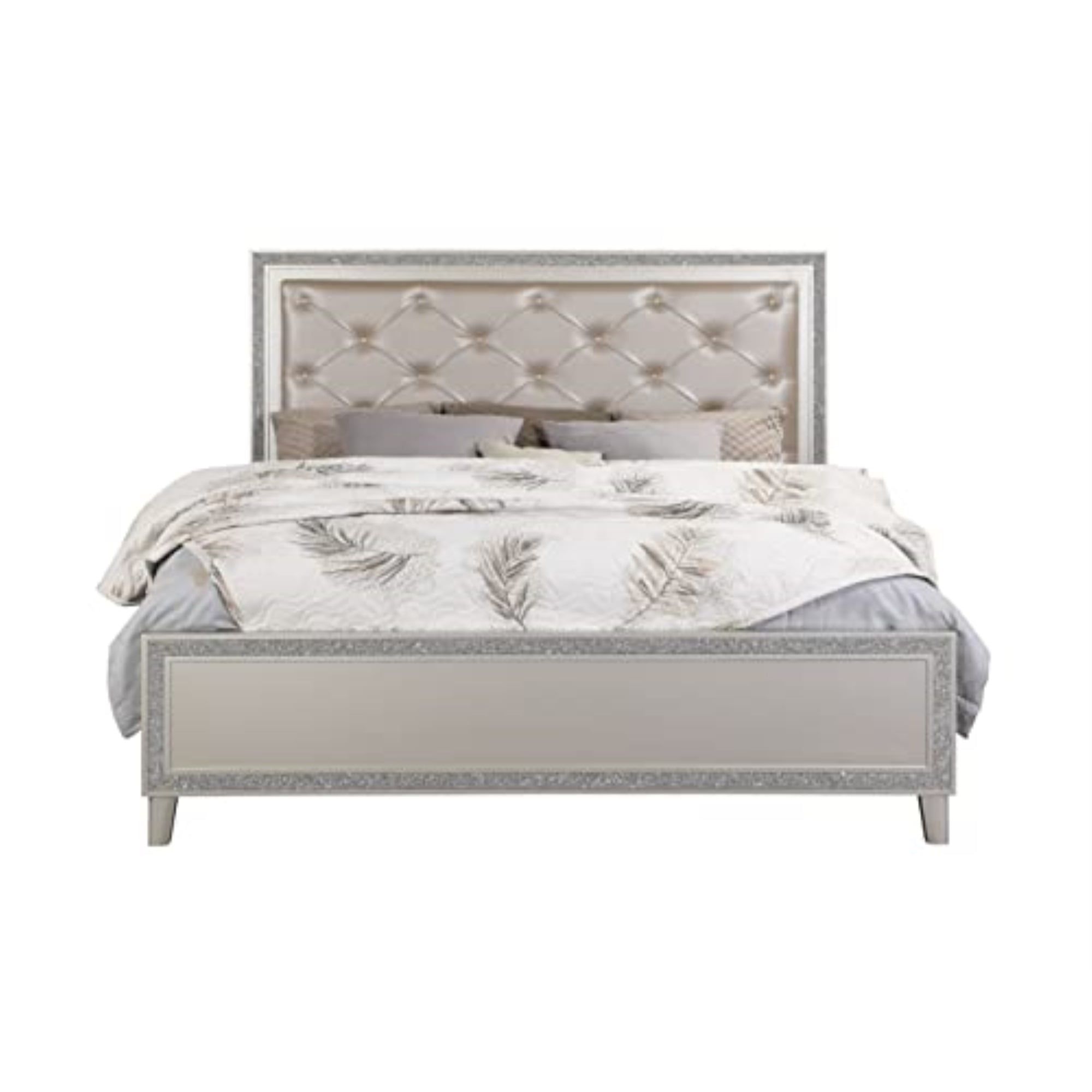 Champagne Faux Leather King Bed with Lighted Tufted Headboard