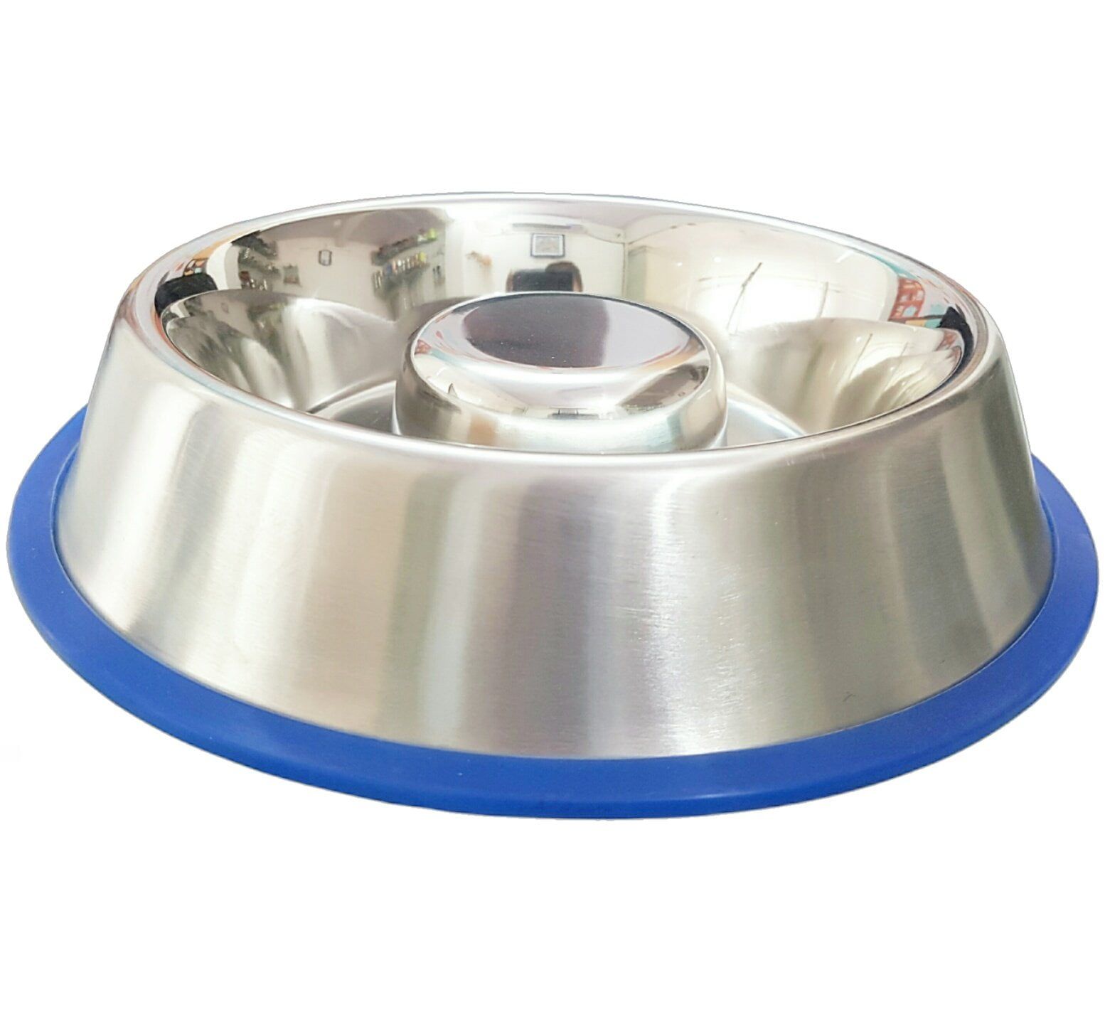 Small Stainless Steel Slow Feed Dog Bowl with Blue Silicone Base