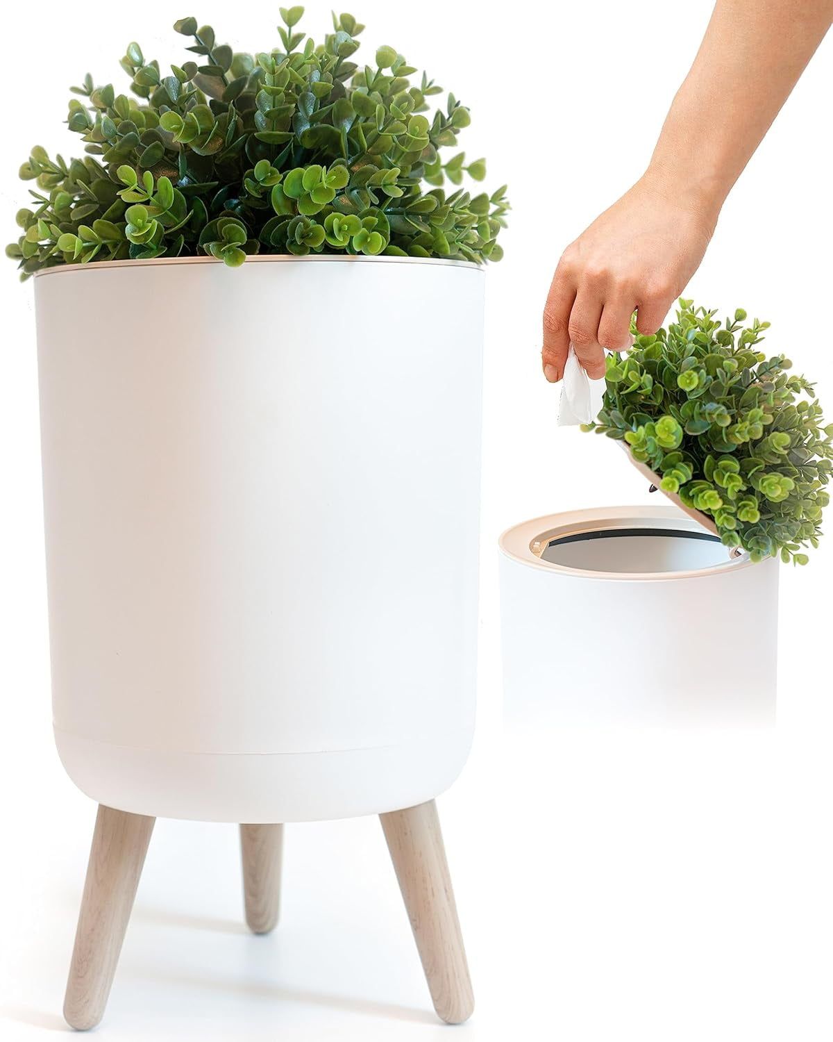 White Cylindrical Plastic Trash Can with Plant Style Lid