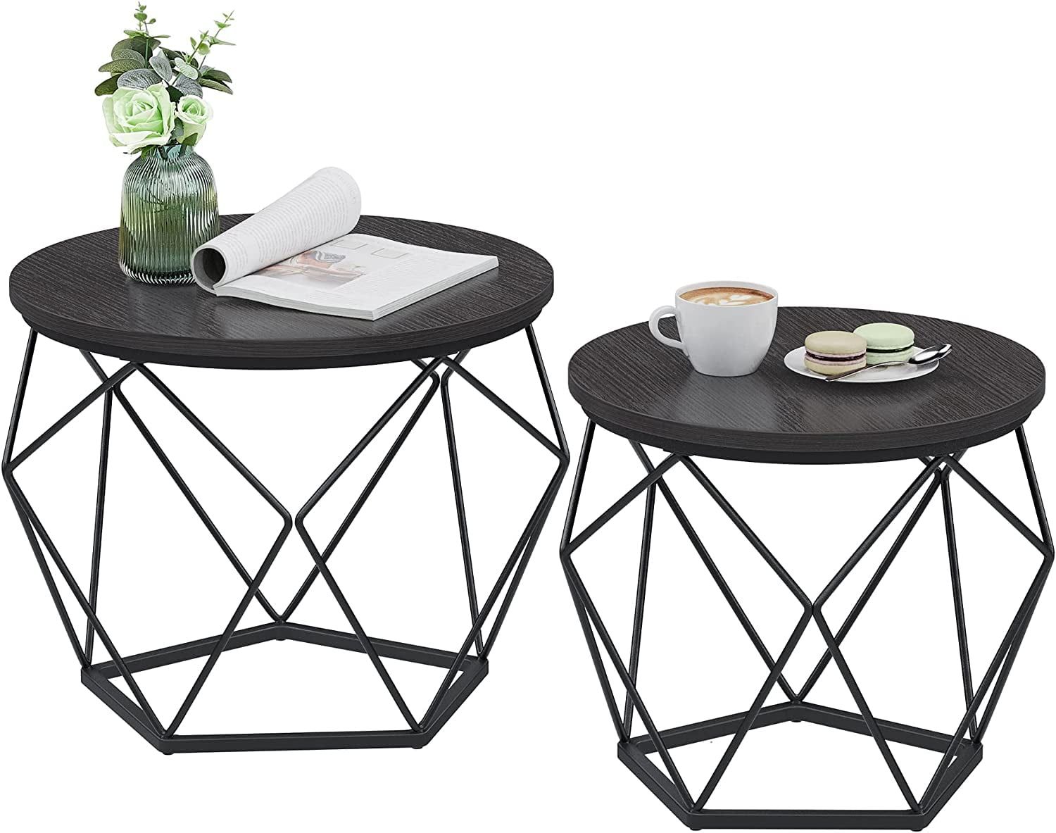 Charcoal Gray and Black Round Nesting Coffee Tables with Metal Frame