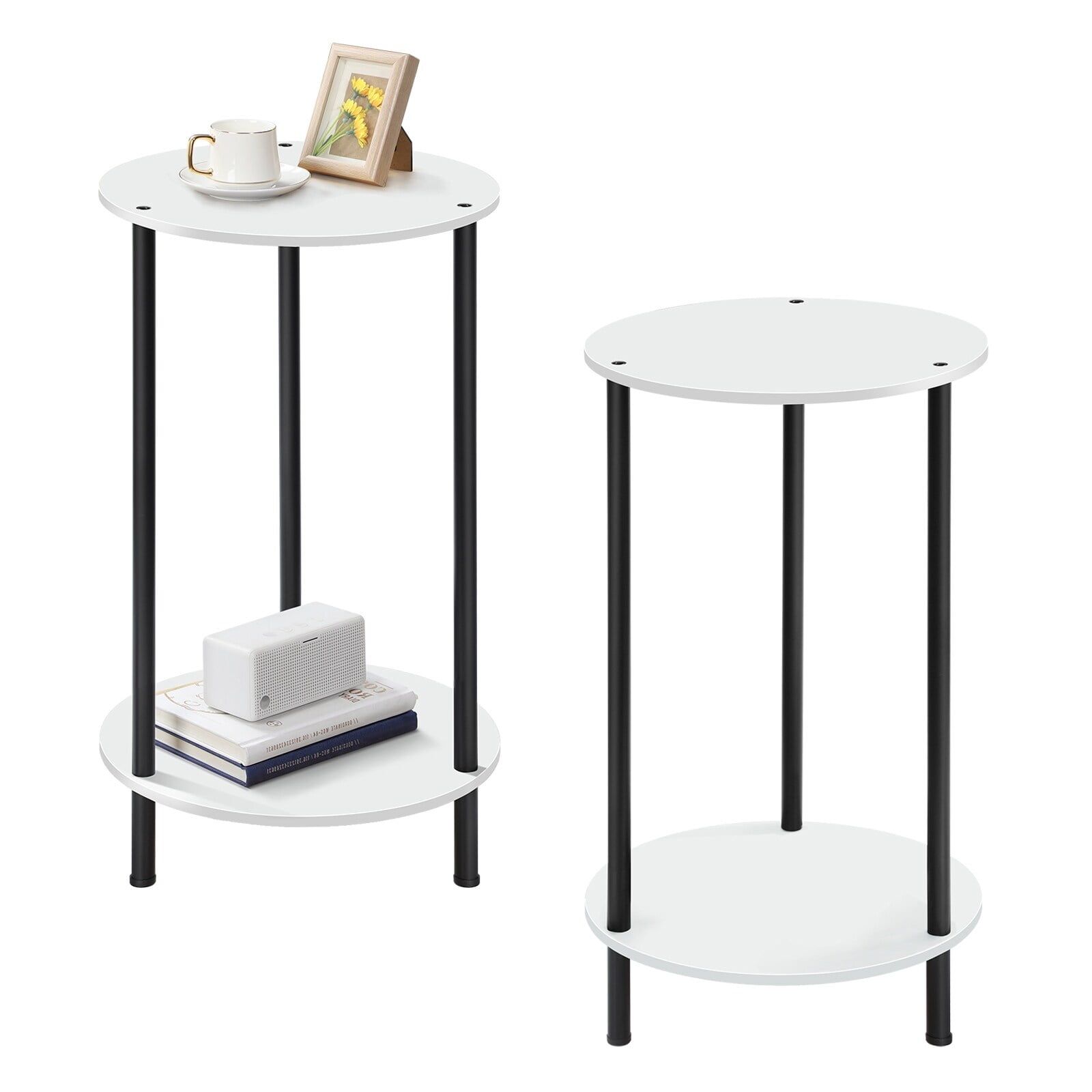 Compact White and Black Metal Round End Tables Set of 2