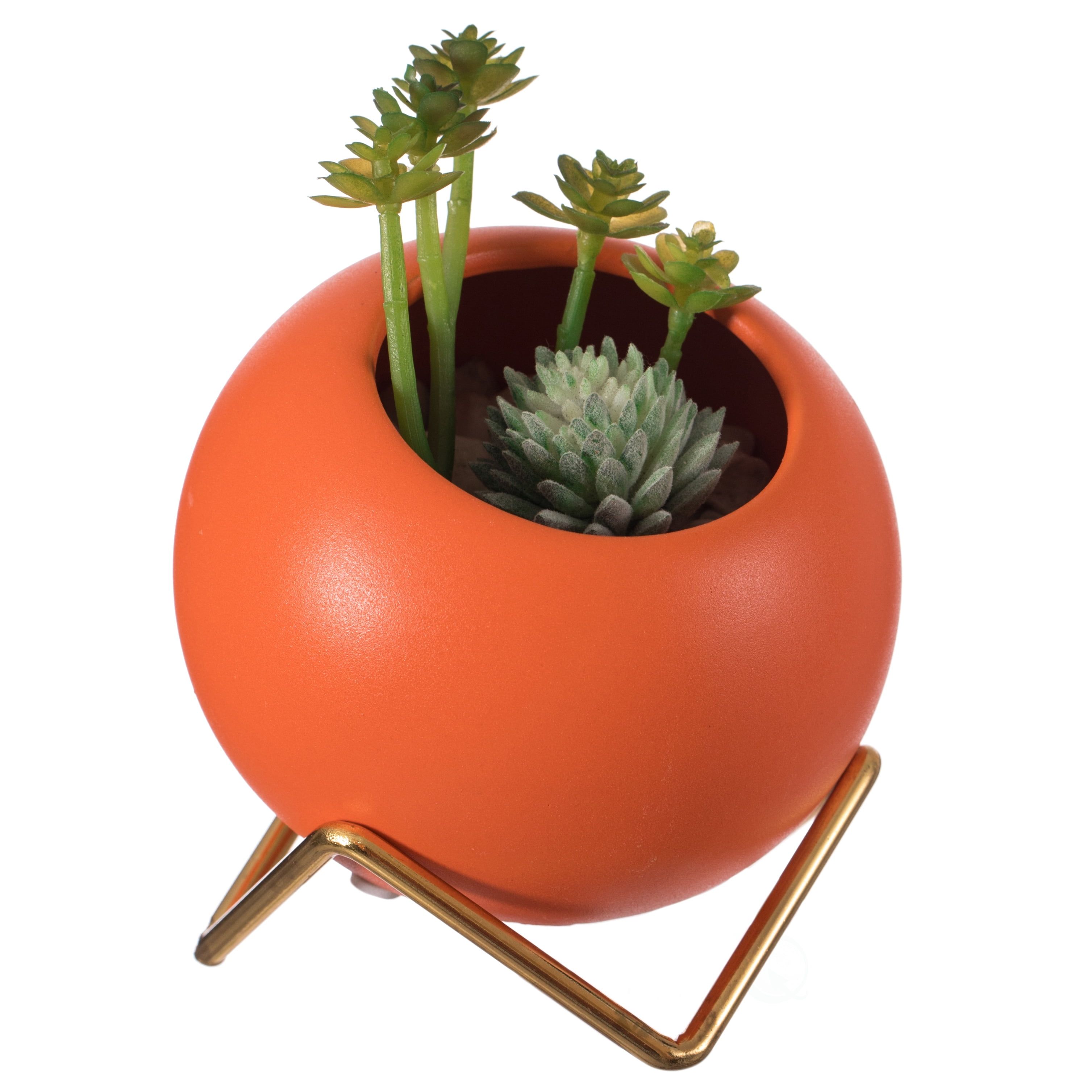 Chic Orange Ceramic Bud Vase with Gold Stand, 4.5"