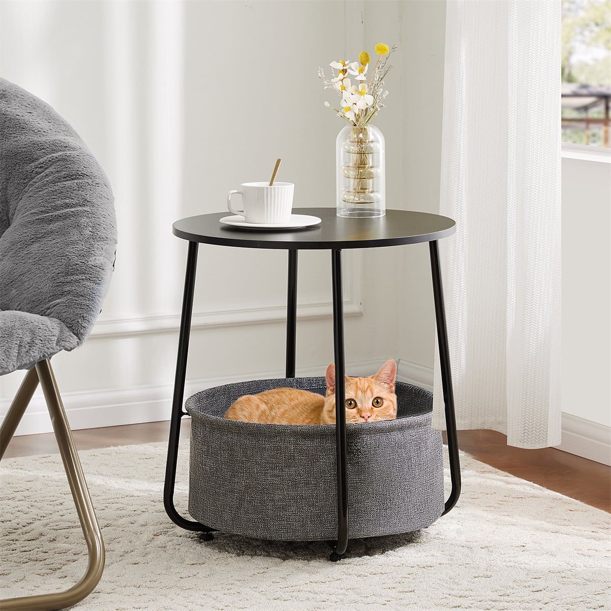 Gray Round Side Table with Fabric Basket and Steel Frame