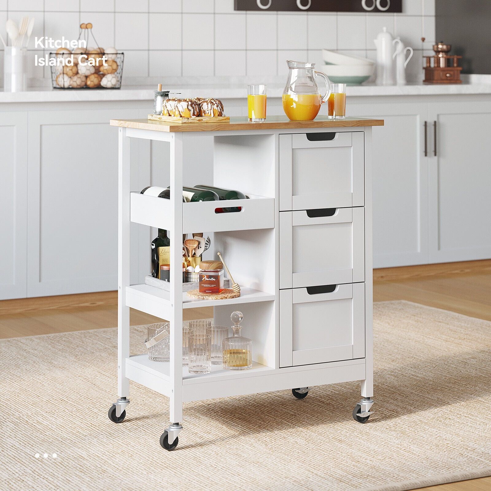 White Solid Wood Kitchen Cart with Storage and Drawers