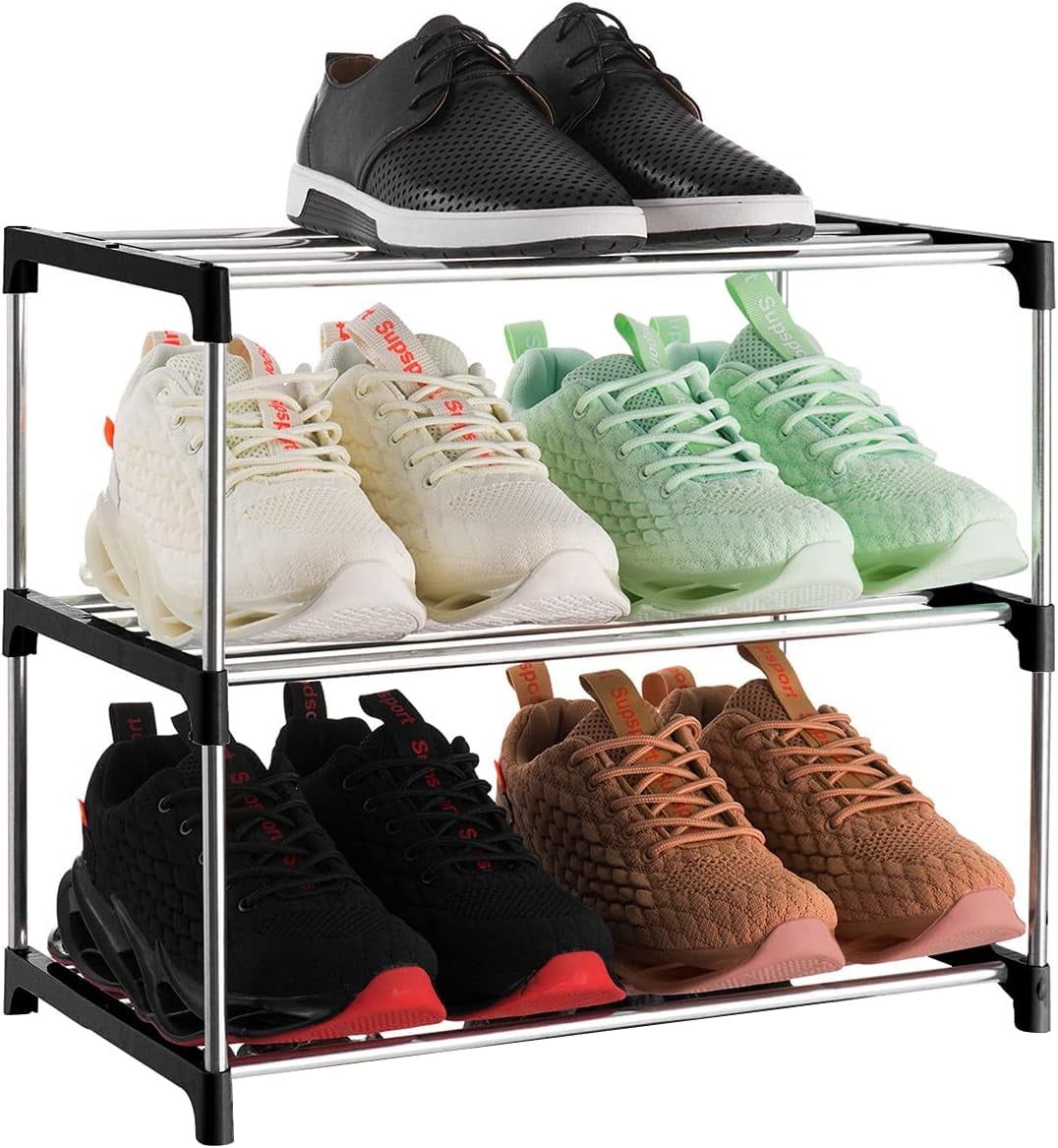 3-Tier Black Stackable Metal and Plastic Shoe Rack