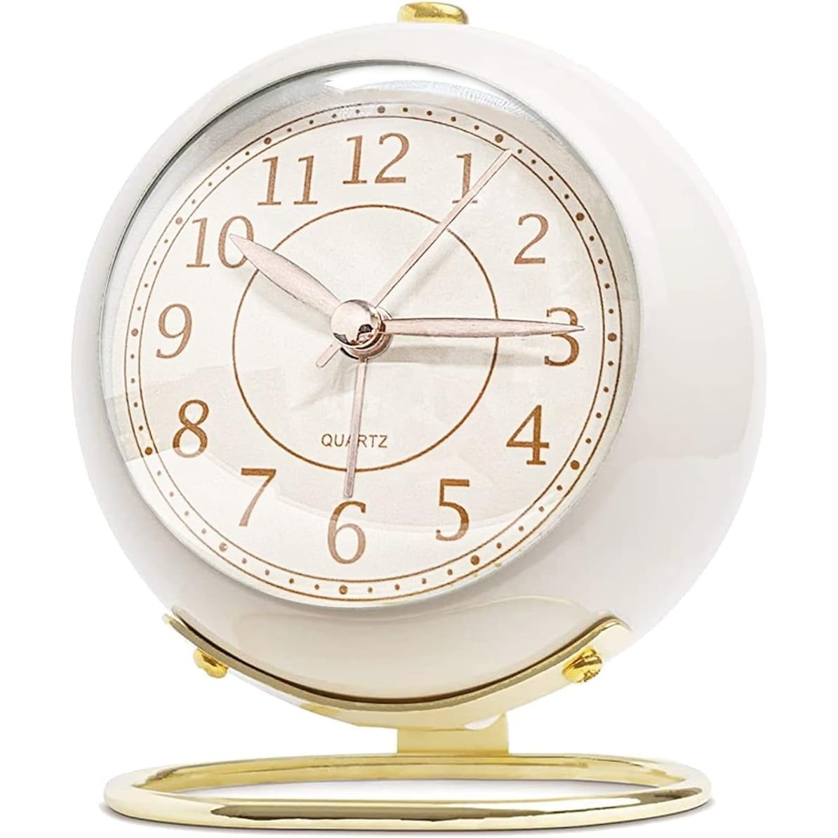 White and Gold Small Non-Ticking Tabletop Alarm Clock