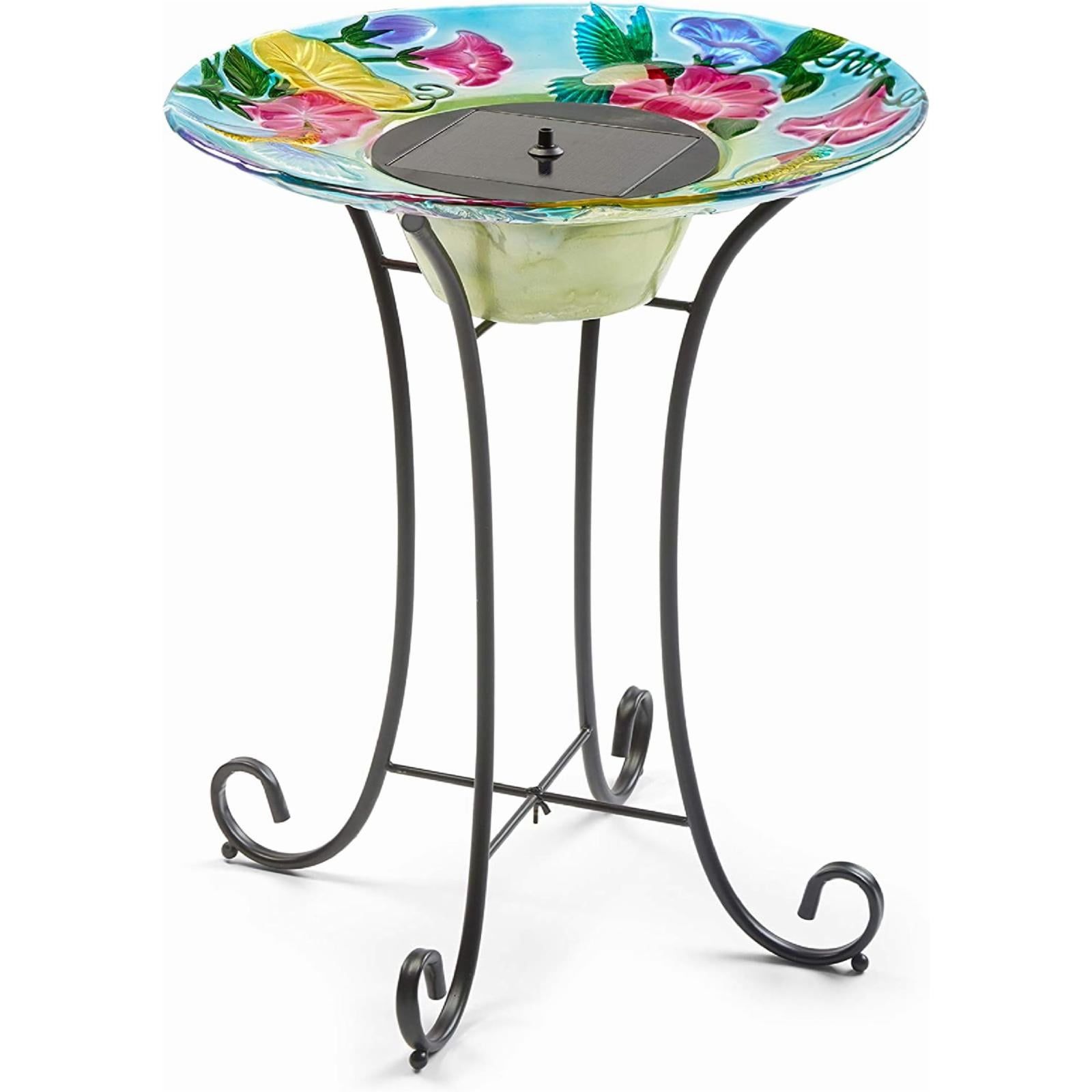 Hummingbird Hand-Painted Glass Solar Birdbath with Steel Stand