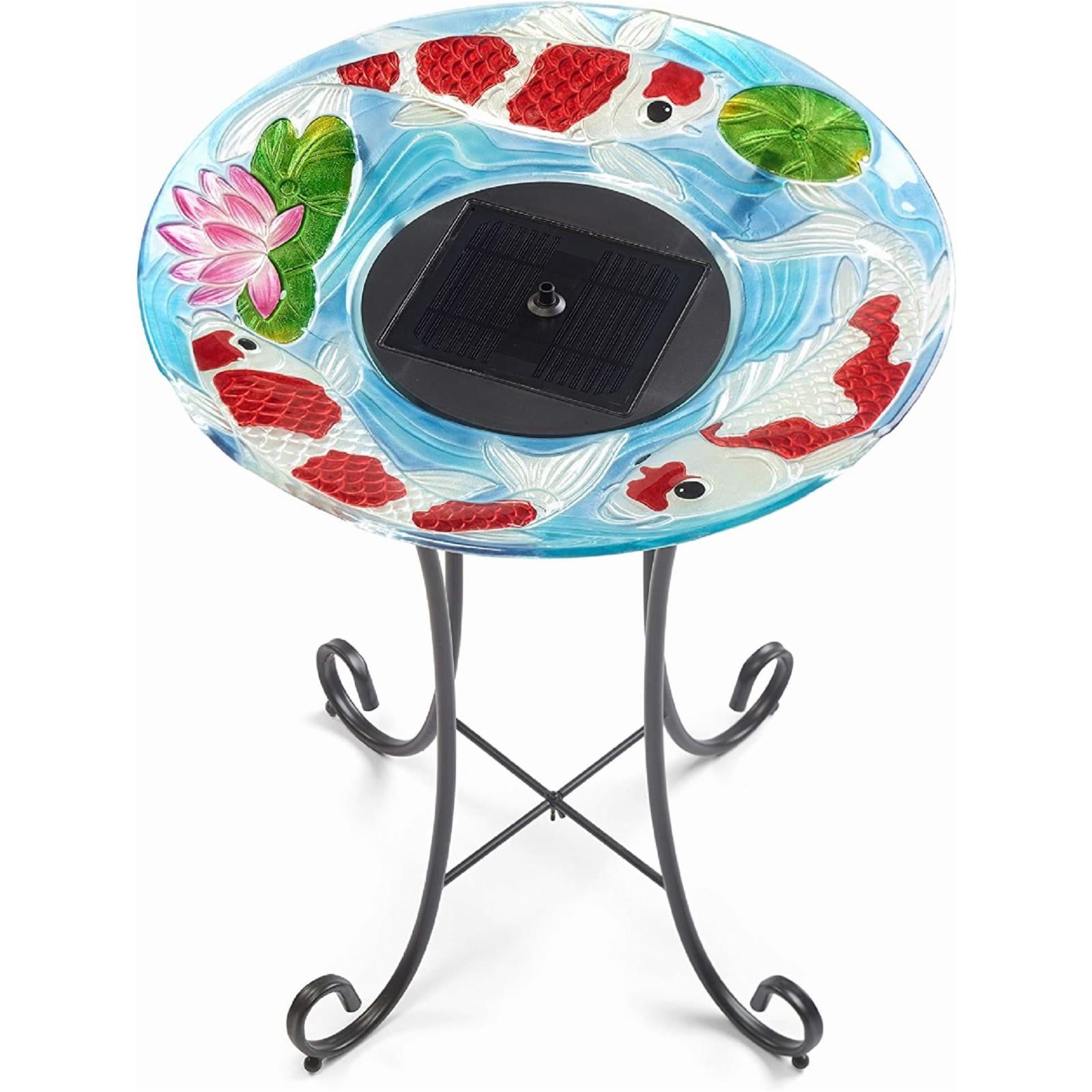 Hand-Painted Glass Koi Solar Birdbath with Steel Stand