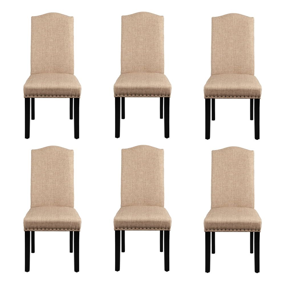 Khaki Upholstered Parsons Dining Side Chairs with Rubberwood Legs, Set of 6