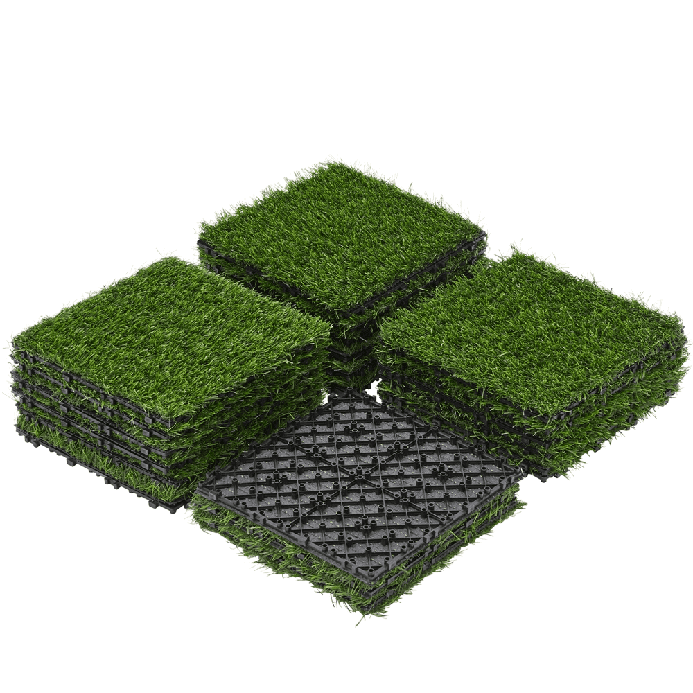 Green 12''x12'' Artificial Grass Interlocking Turf Tiles, Set of 27