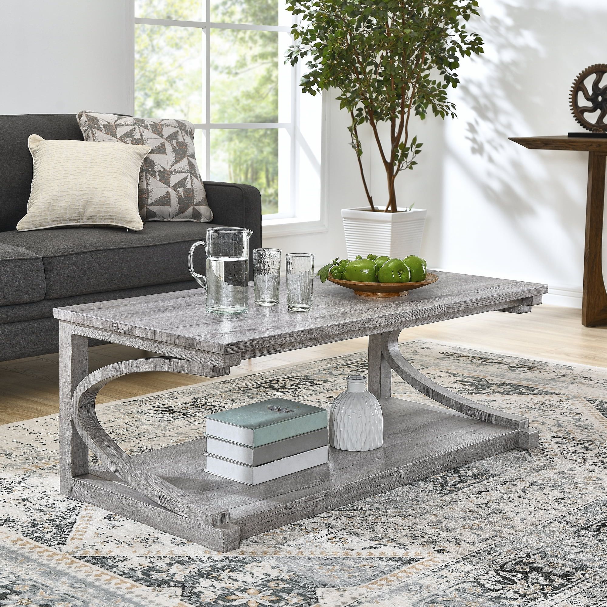 Gray 48-Inch Solid Wood Coffee Table with Storage Shelf