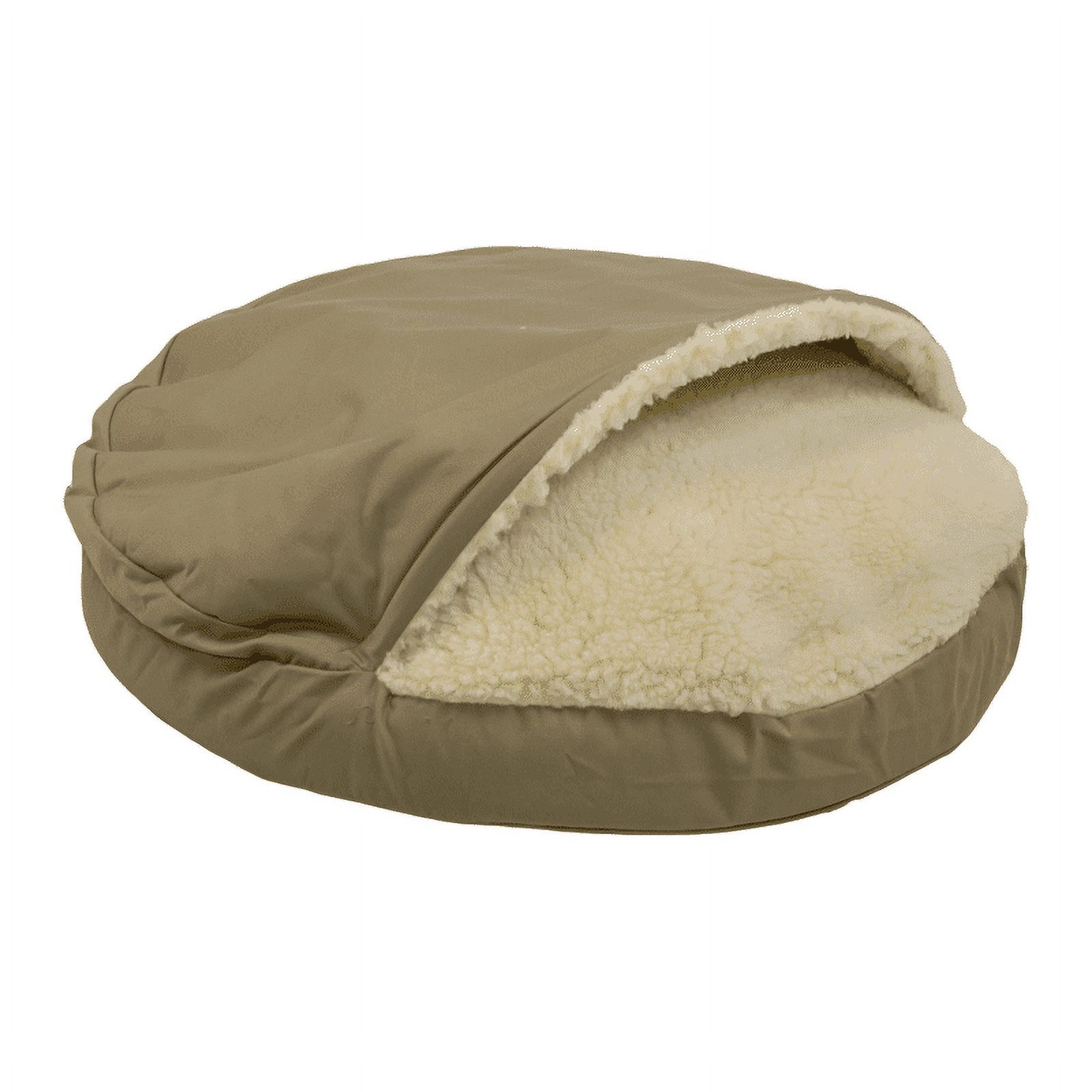 Large Khaki Orthopedic Round Pillow Dog Bed with Sherpa Interior