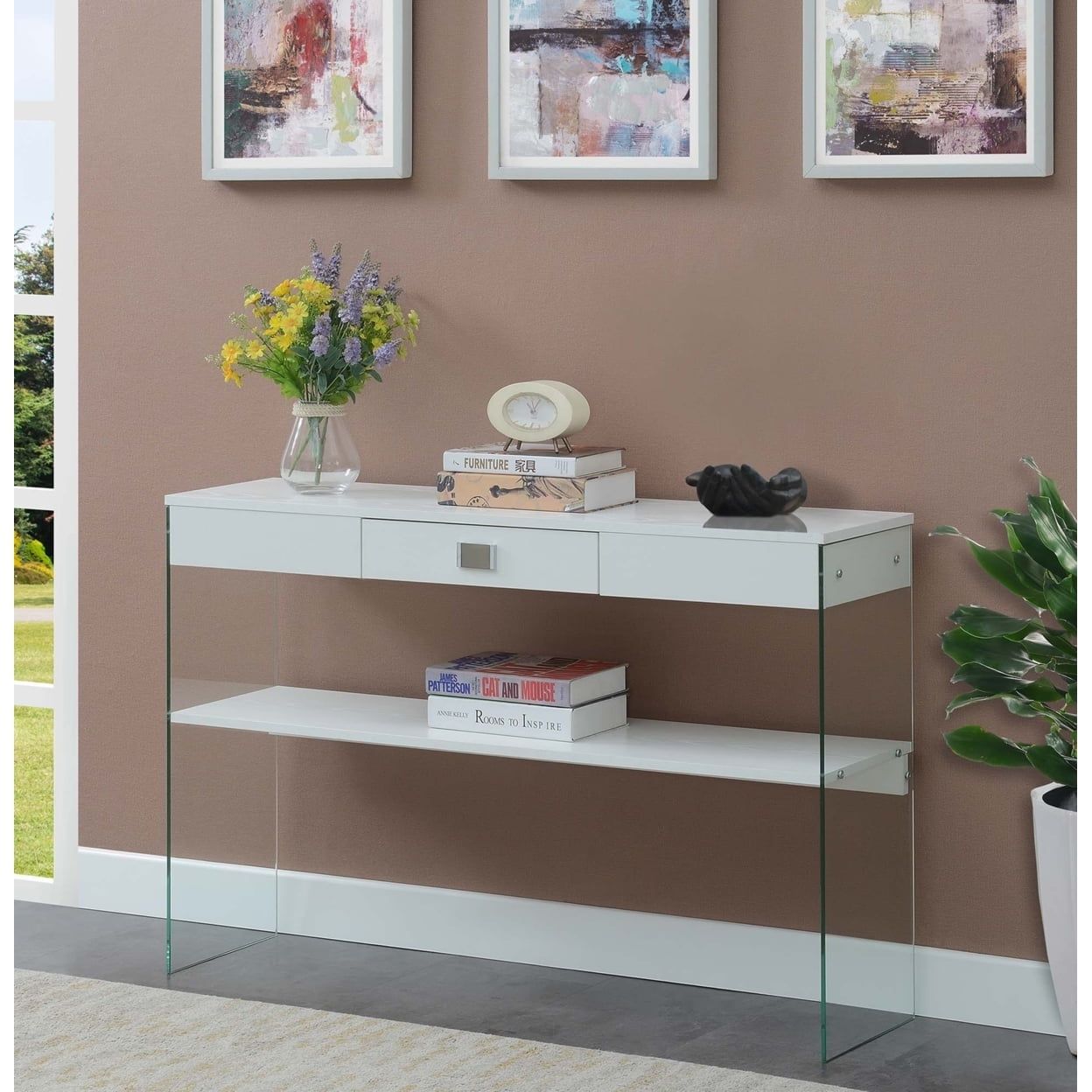 Modern 48" Glass-Top Console Table with Drawer and Shelf