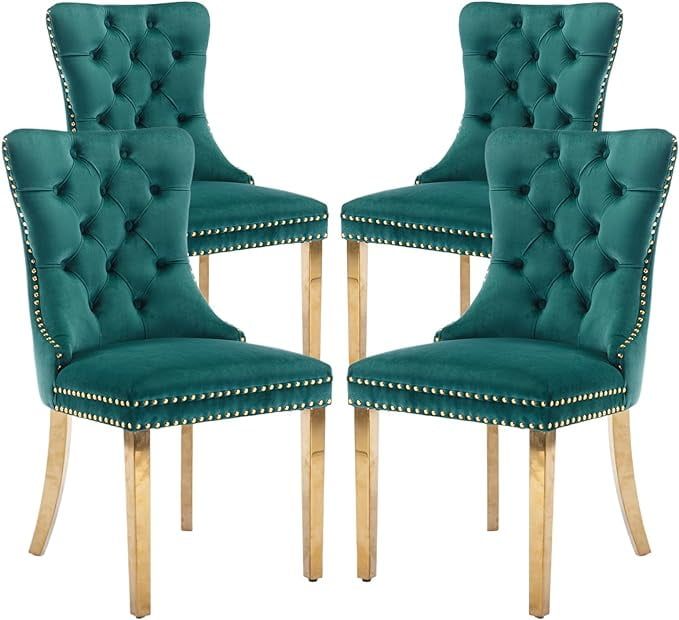 Green Velvet Upholstered Dining Chairs with Gold Legs, Set of 4