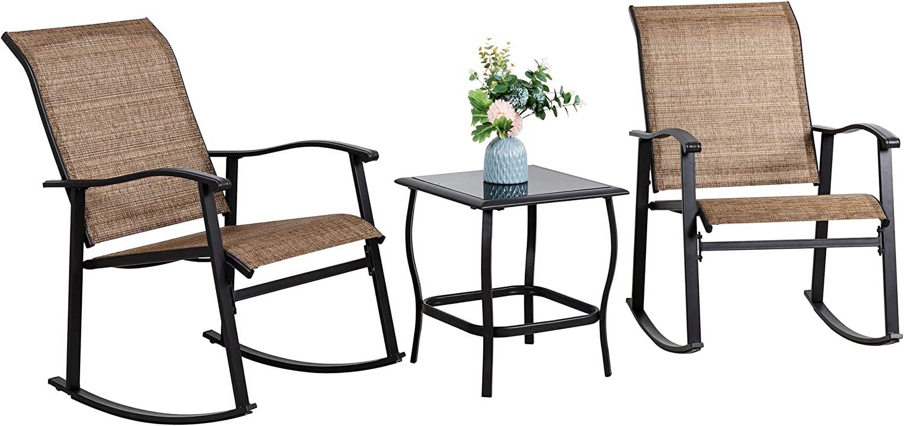 Brown Textilene Fabric and Glass 3-Piece Outdoor Rocking Bistro Set