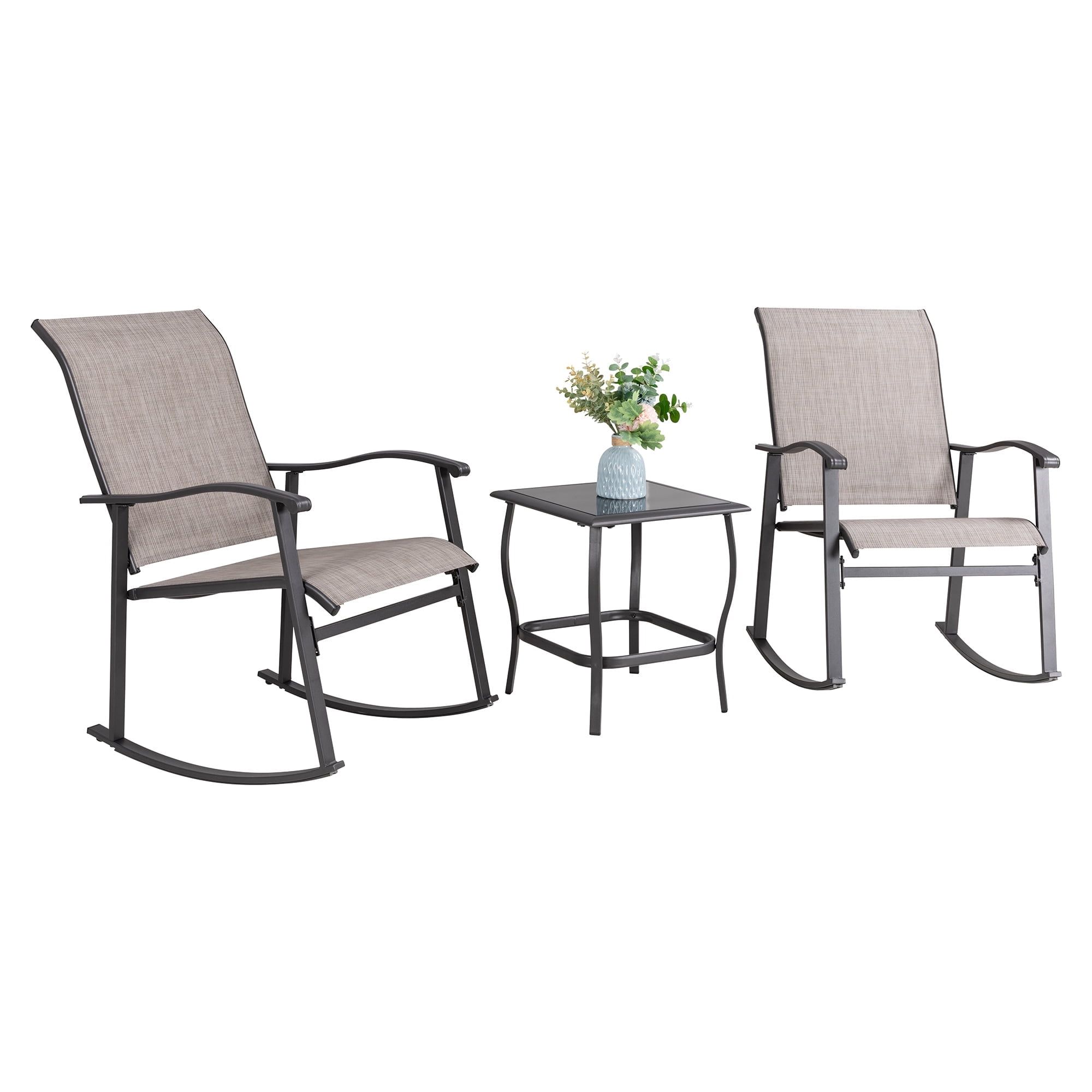 Taupe Steel and Textilene 3-Piece Outdoor Rocking Bistro Set