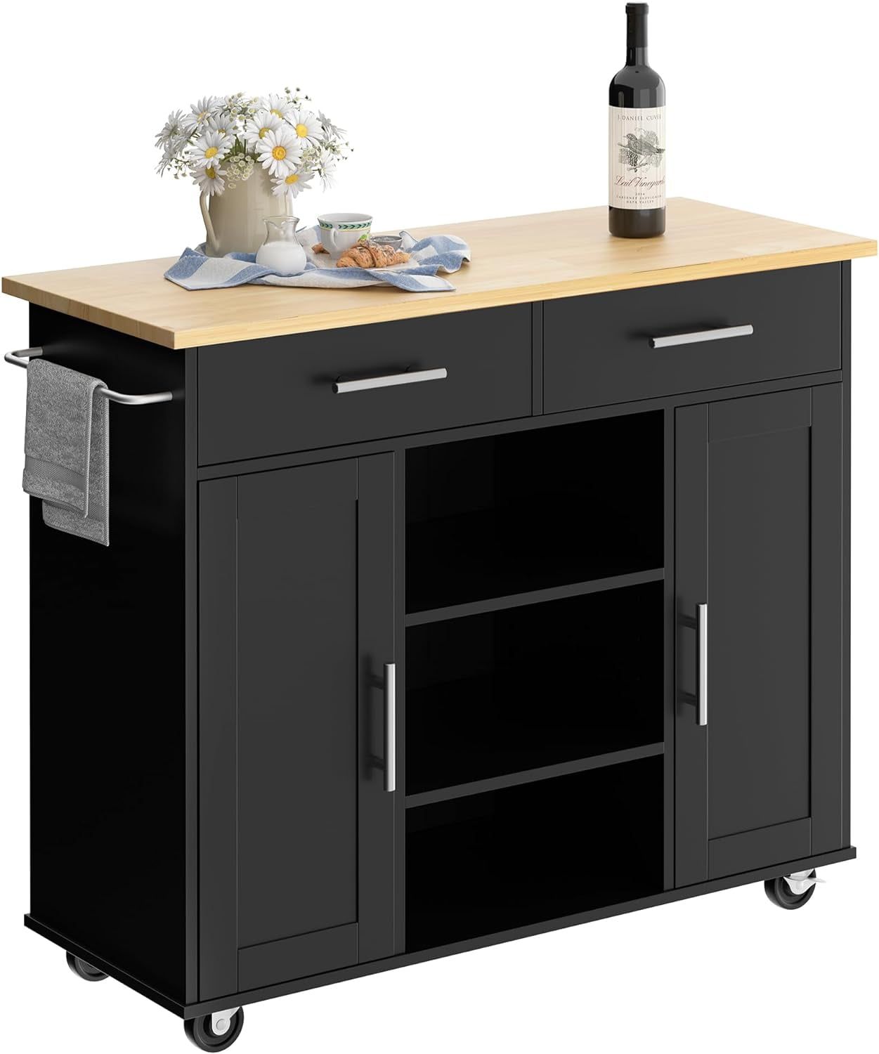 Black Wood Kitchen Island Cart with Drawers and Shelves