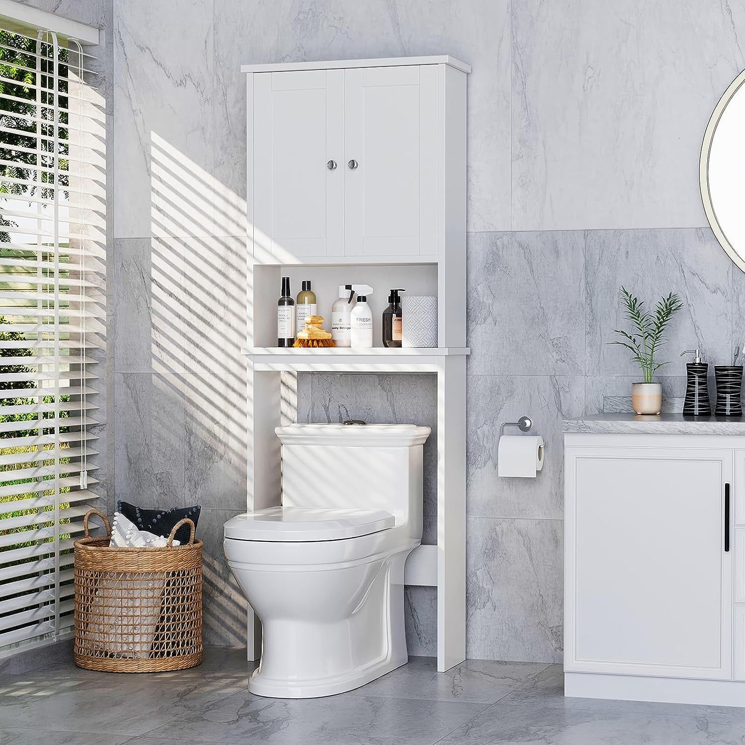 White Adjustable Over-the-Toilet Storage Cabinet with Shelves