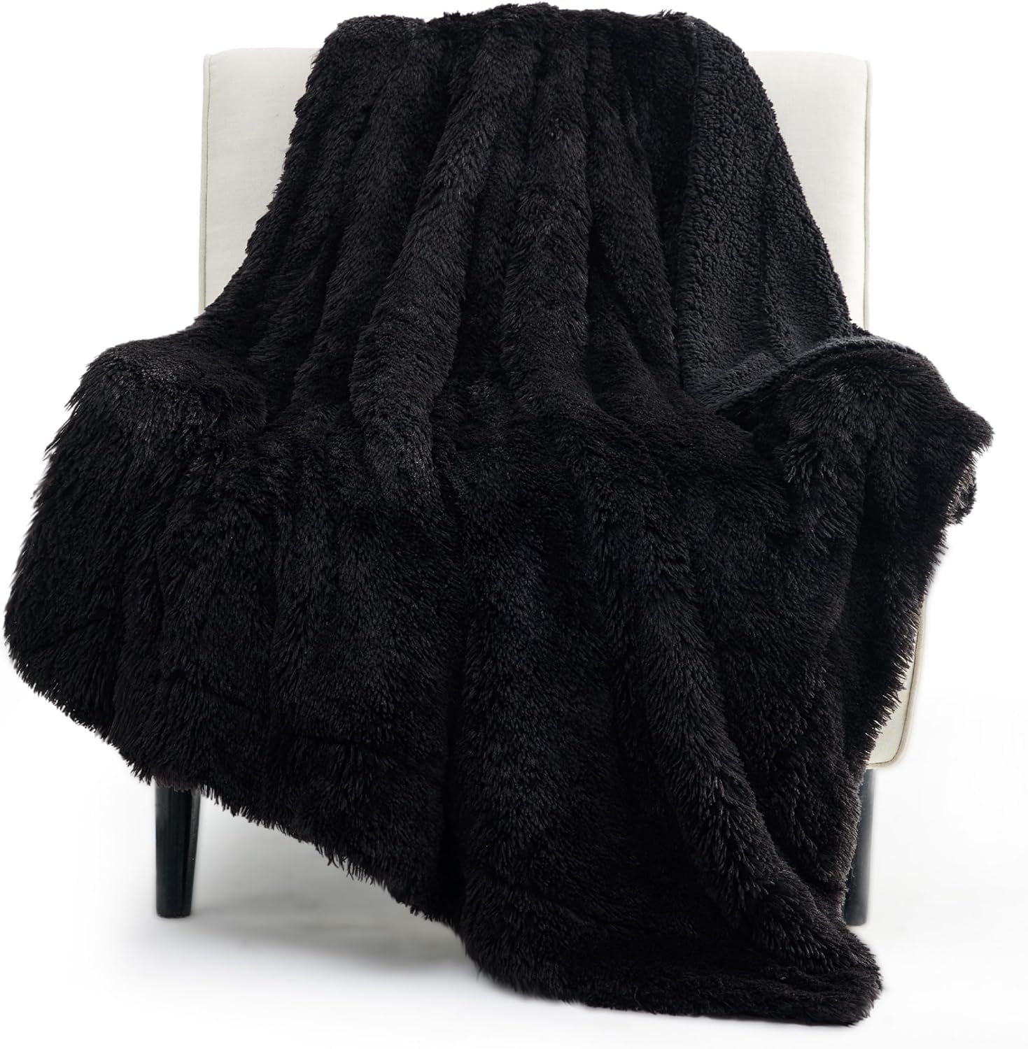 Black Reversible Sherpa Fleece Faux Fur Throw Blanket