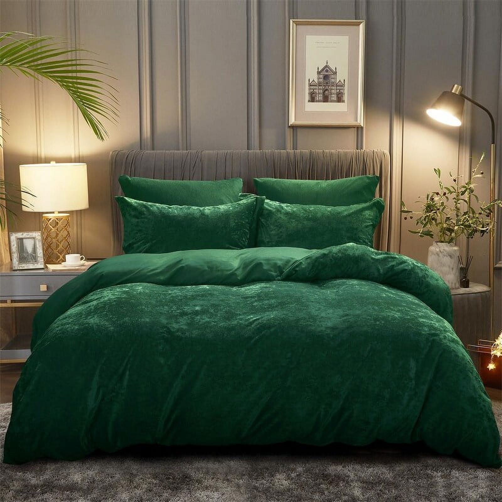 Emerald Green Velvet and Flannel Queen Duvet Cover Set