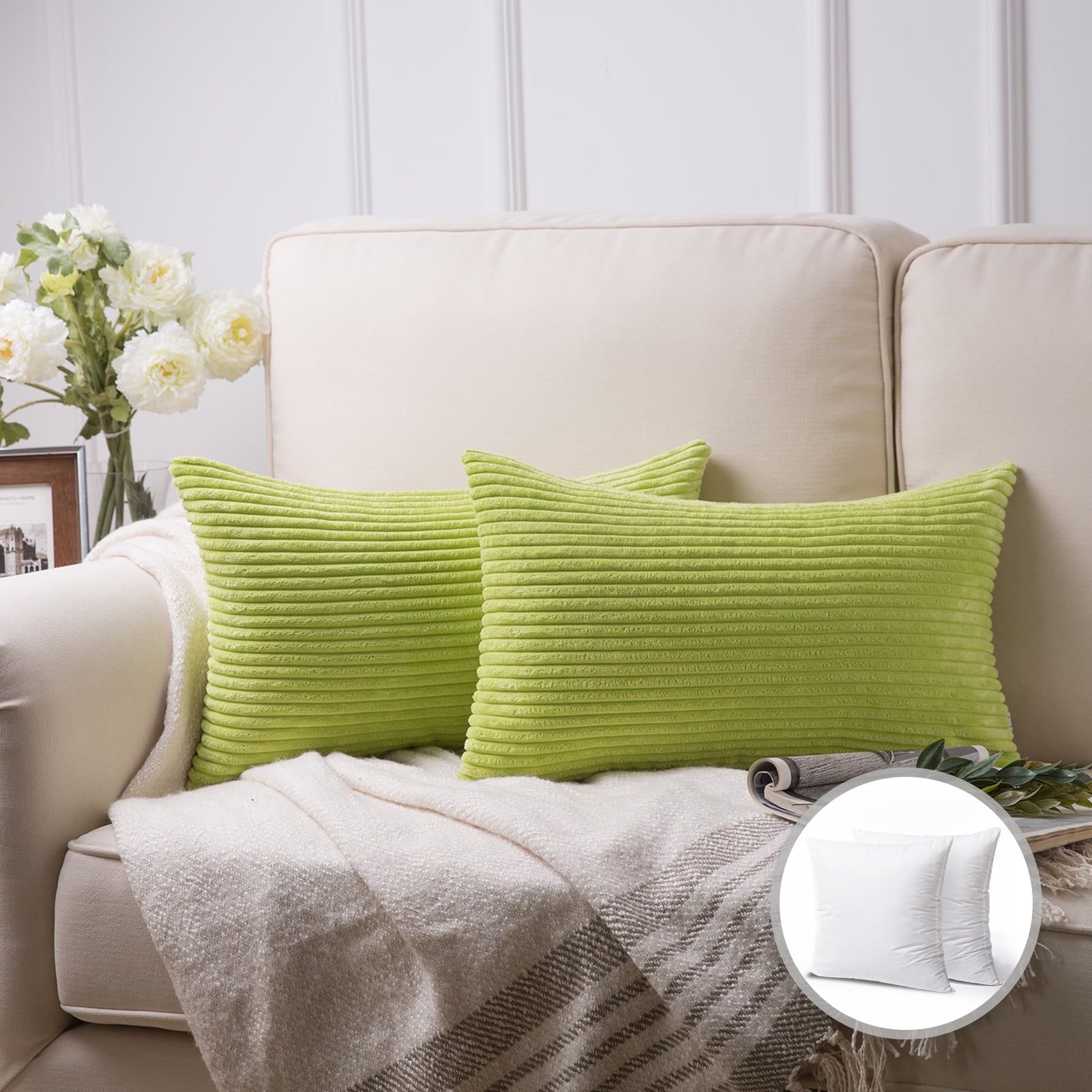 Water Green Soft Corduroy Striped Velvet Rectangle Throw Pillow Set, 12" x 20"