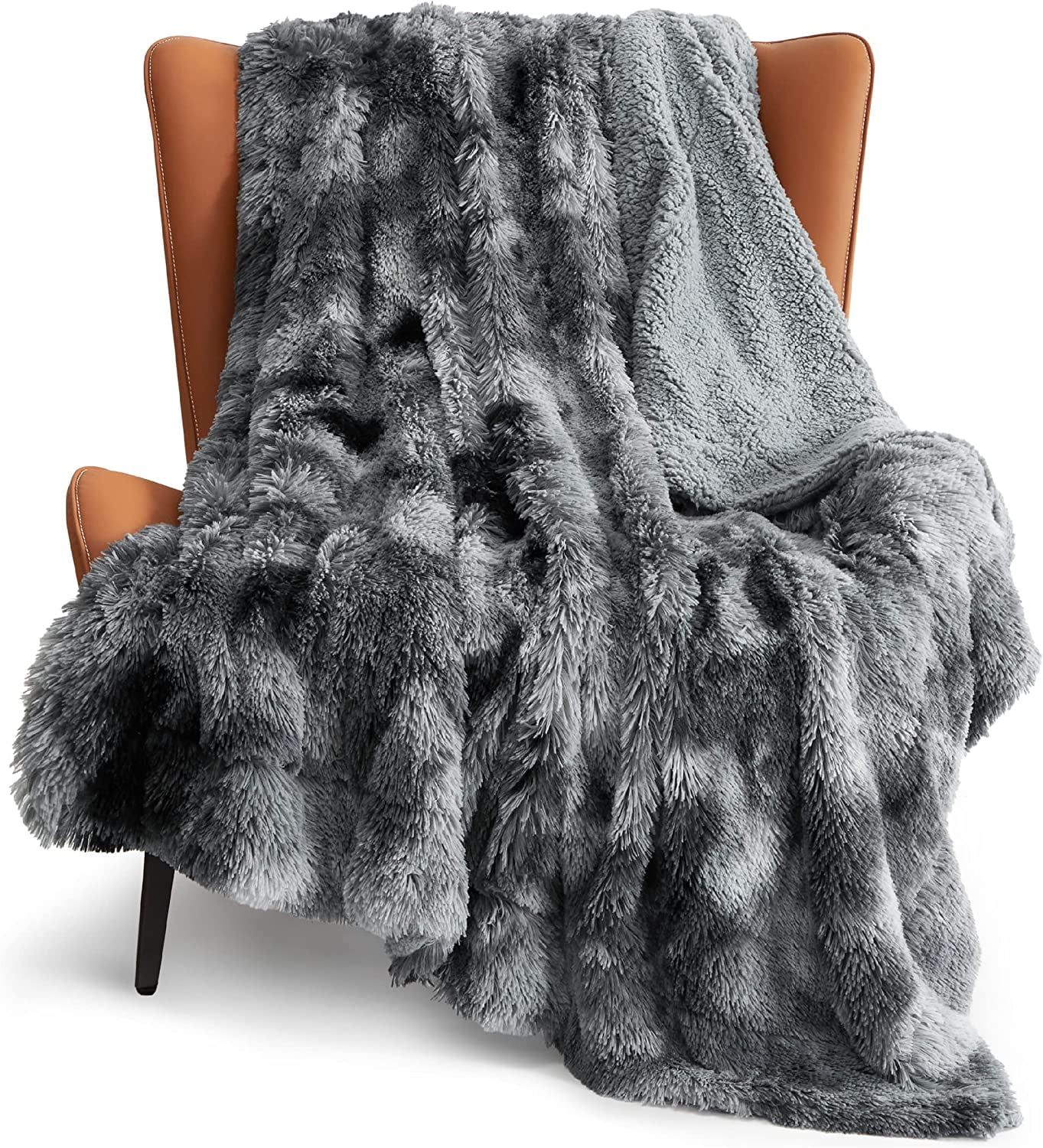 Grey Faux Fur and Sherpa Reversible Throw Blanket, 50x60 inches