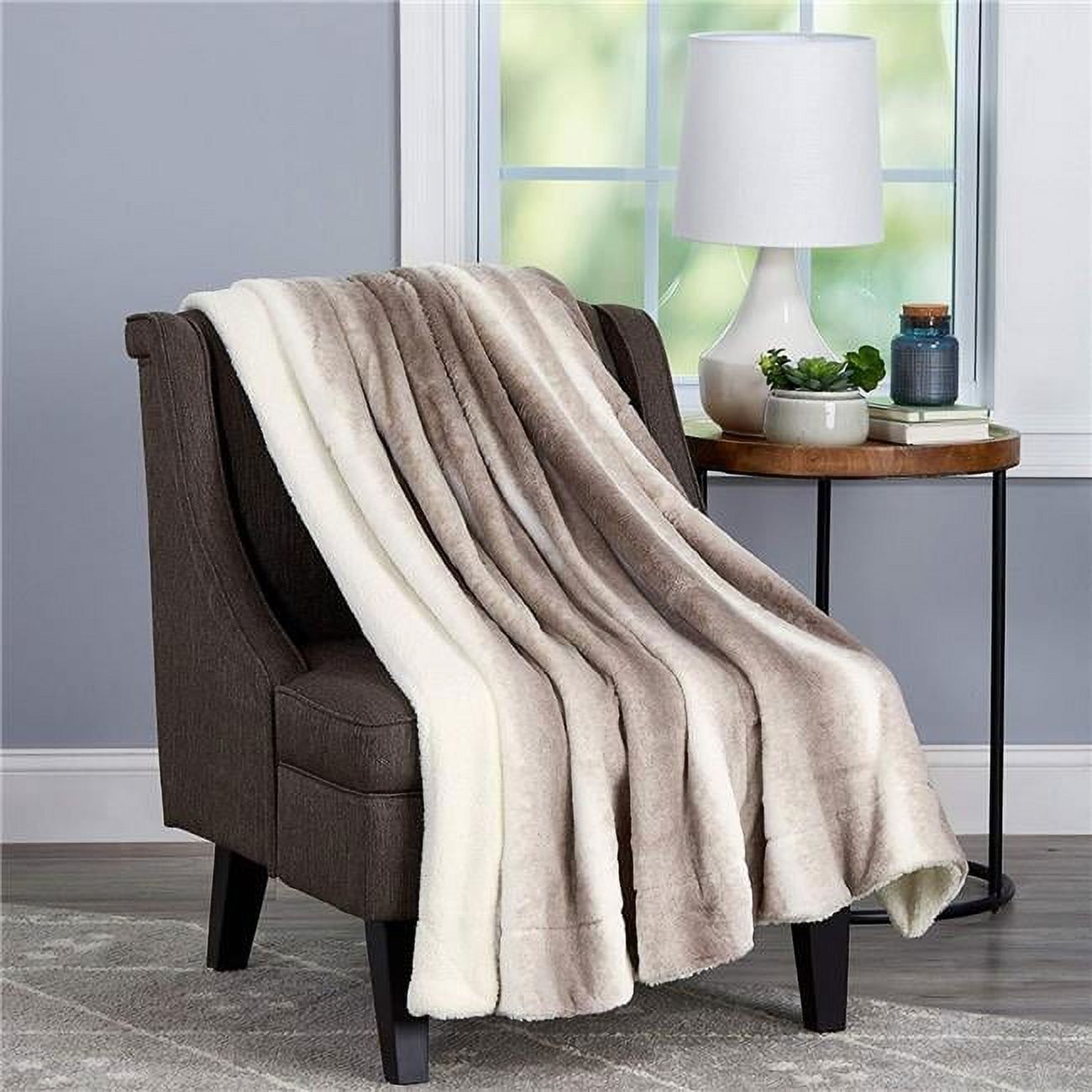 Classic Cream Beige Faux Rabbit Fur & Sherpa Throw Blanket - 60" x 70"