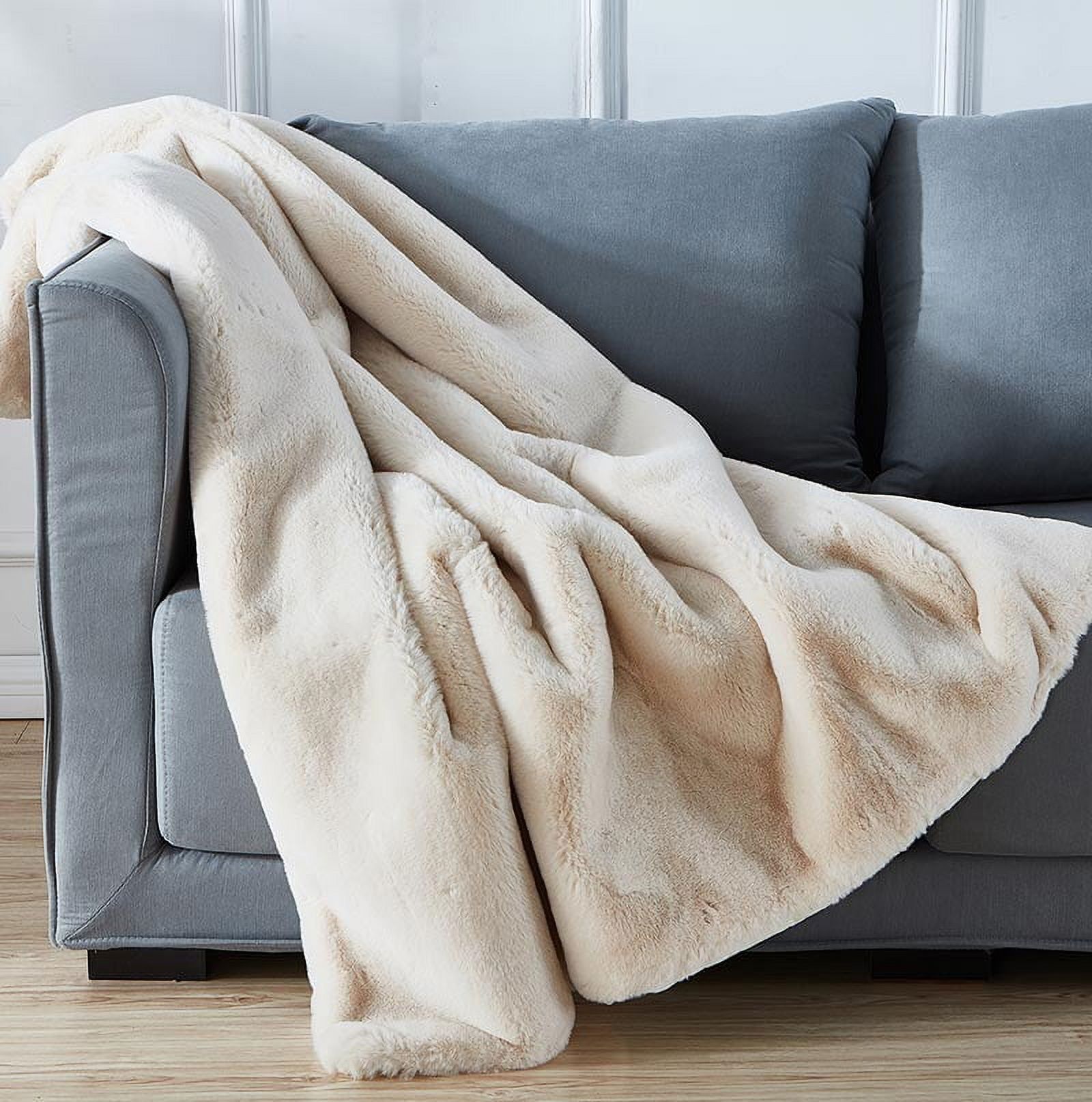 Beige Reversible Faux Fur Throw Blanket 50" x 60"