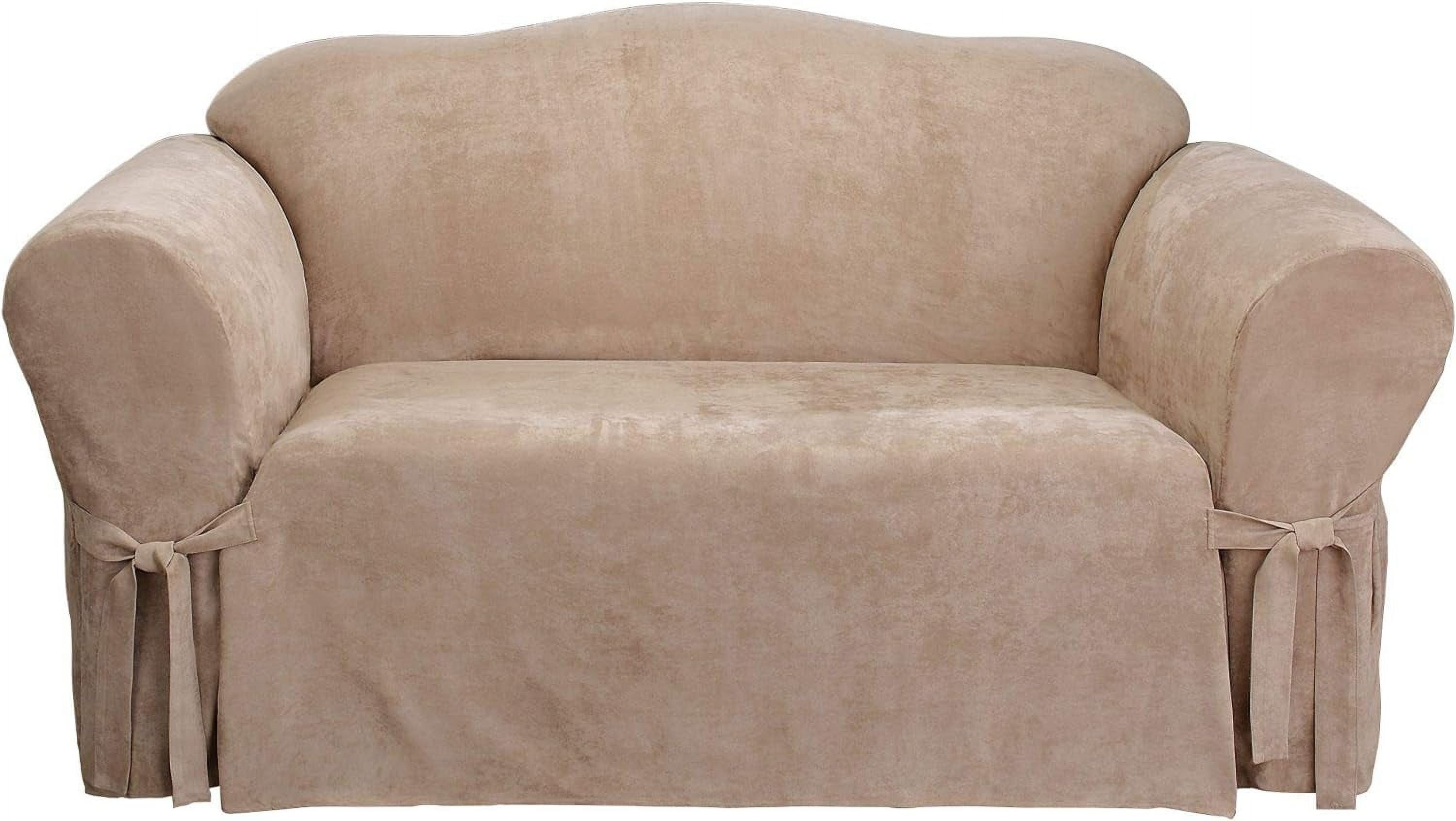 Taupe Stretch Suede Loveseat Slipcover with Side Ties