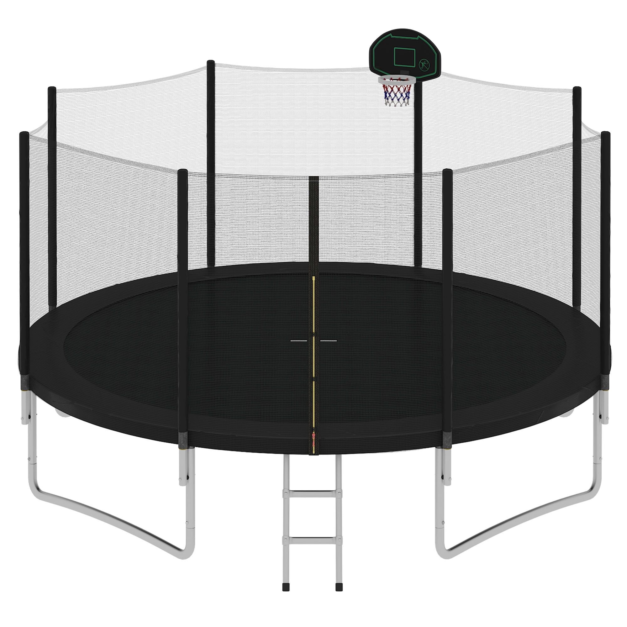 14FT Black Round Trampoline with Safety Enclosure, Basketball Hoop, and Ladder