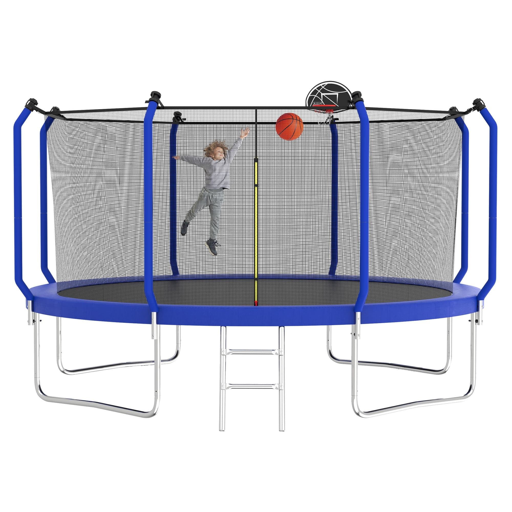 12-Foot Blue Steel Trampoline with Enclosure and Basketball Hoop