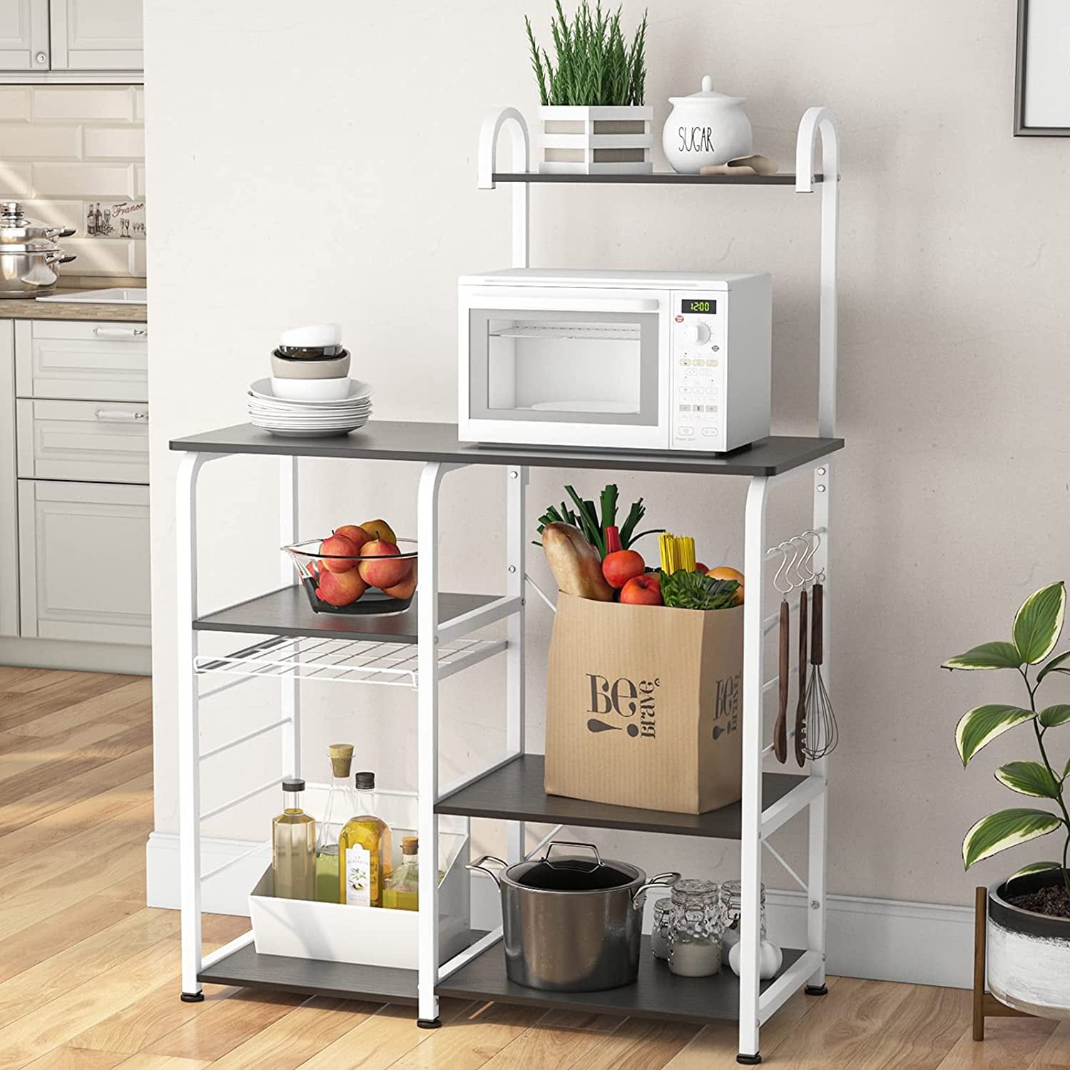 Black and White 4-Tier Kitchen Storage Rack with Hooks