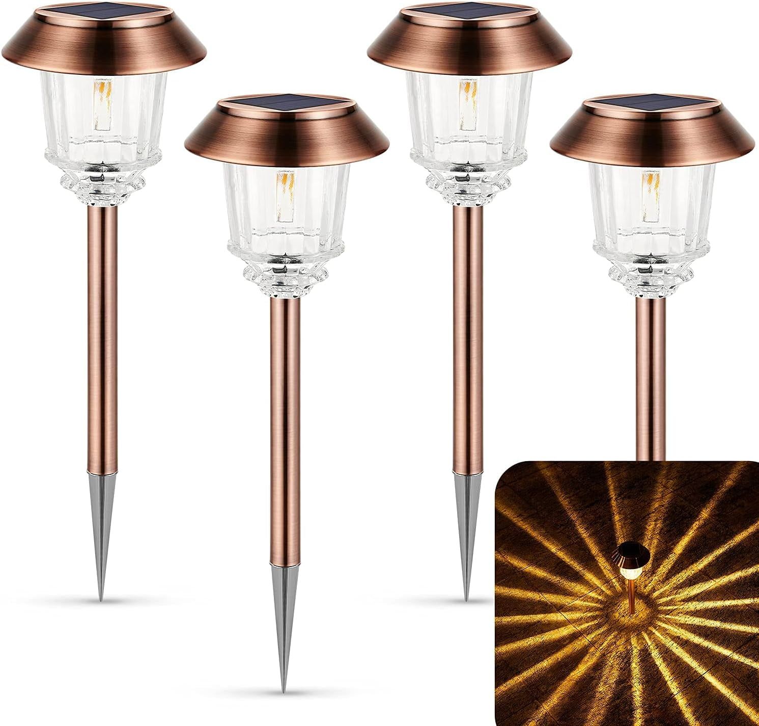 Copper Solar LED Pathway Lights with Glass Shade, 4-Pack