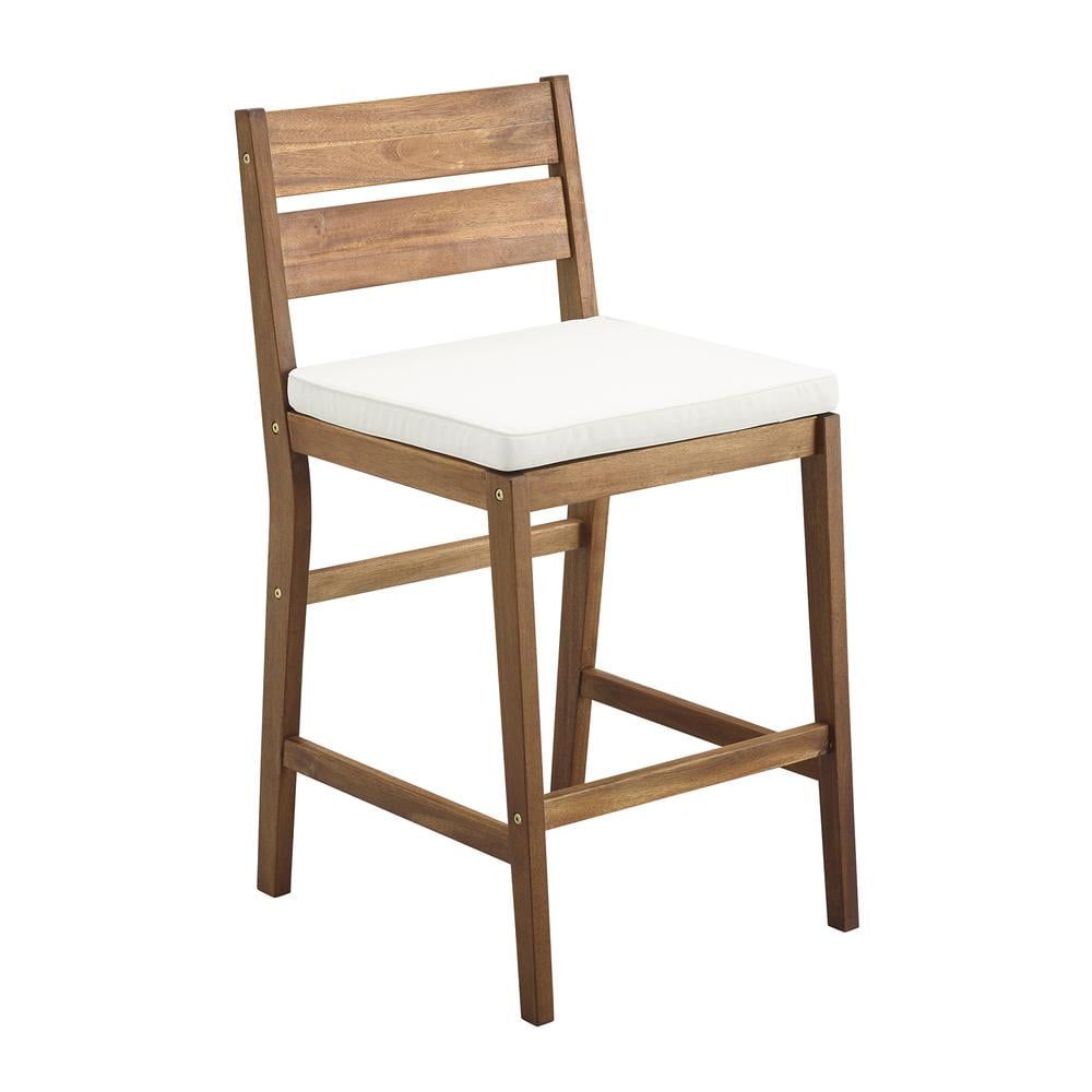 Walnut Acacia Wood Bar Height Stool with White Cushion