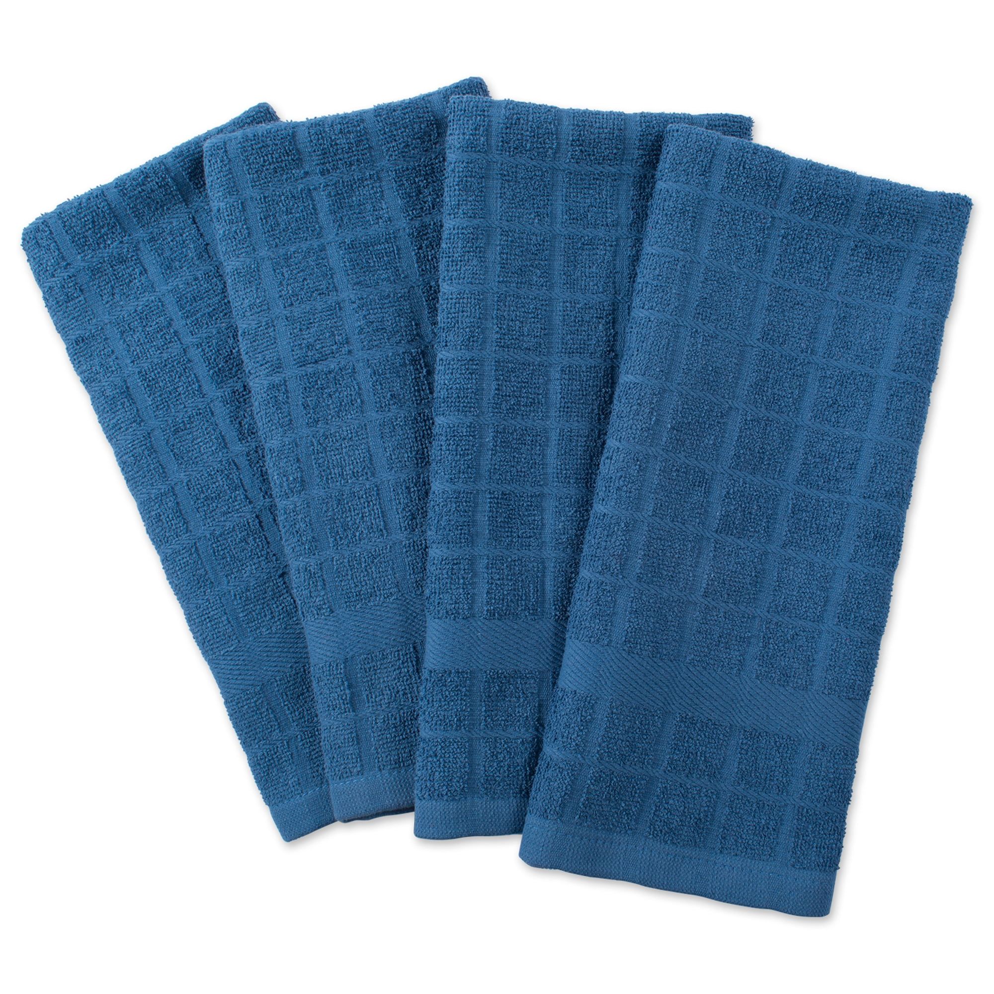 Solid Blue Cotton Terry Windowpane Dish Towels Set of 4