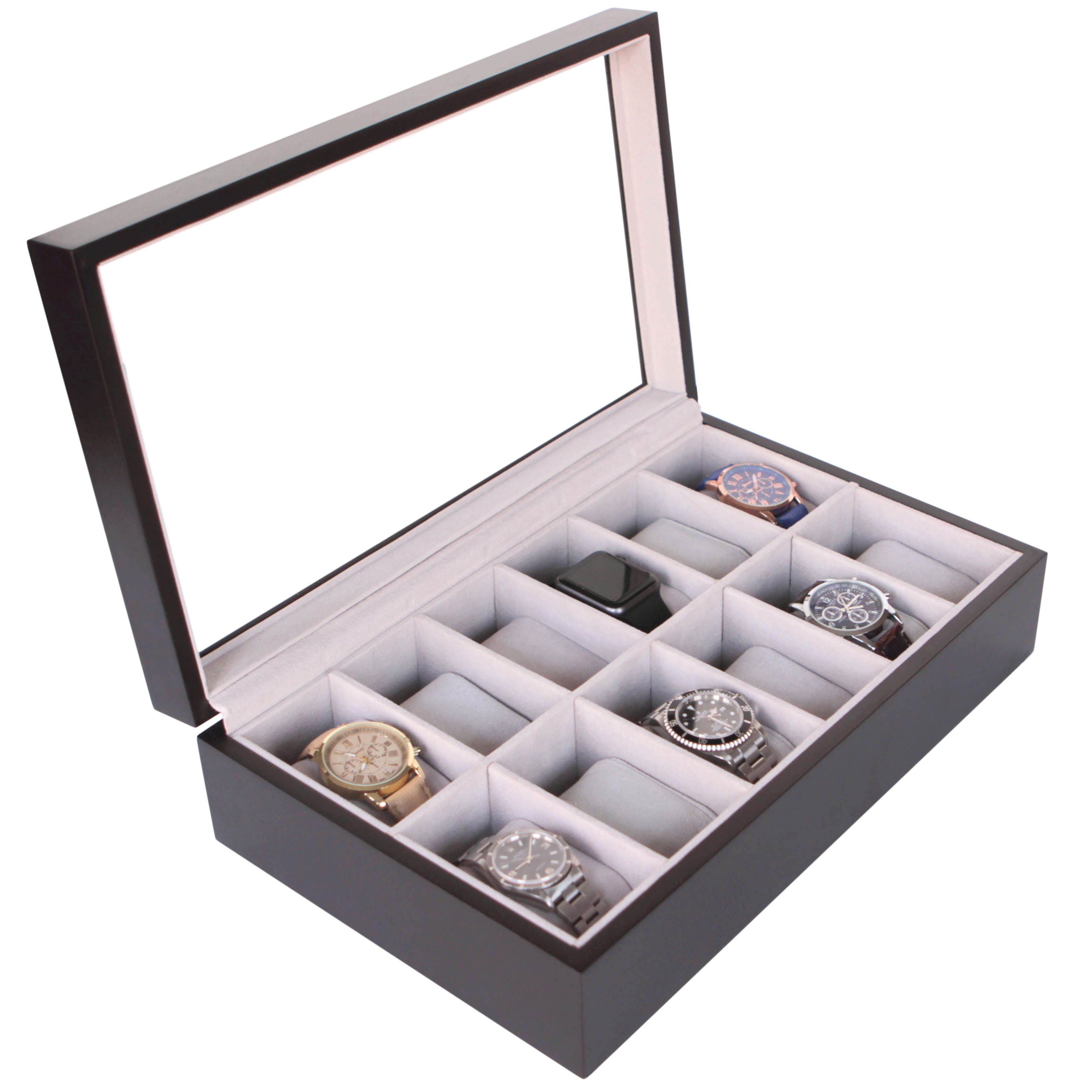 Espresso Wood 12-Slot Watch Box with Glass Display Top