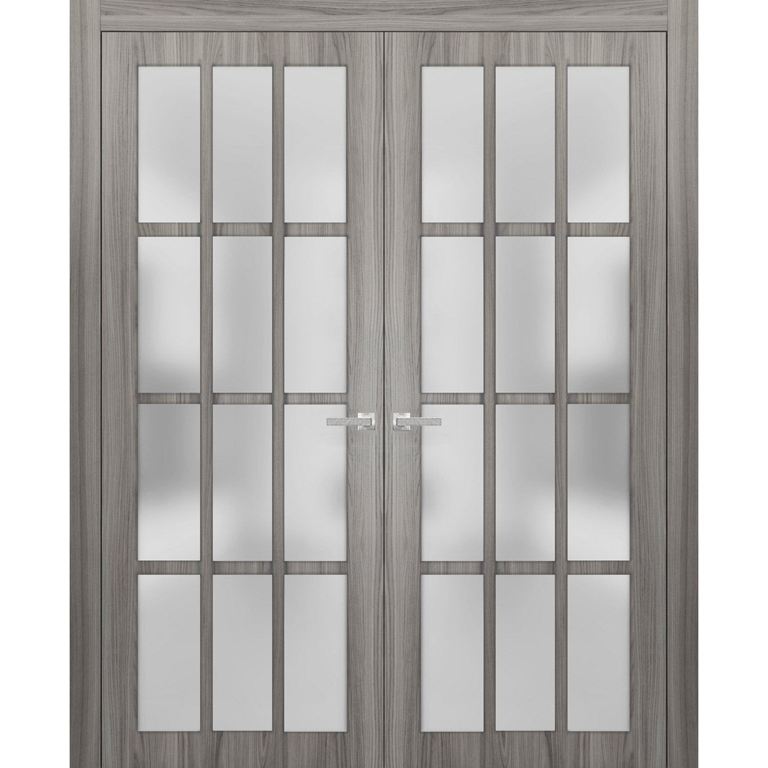 Gray Solid Pine French Double Doors with Frosted Glass