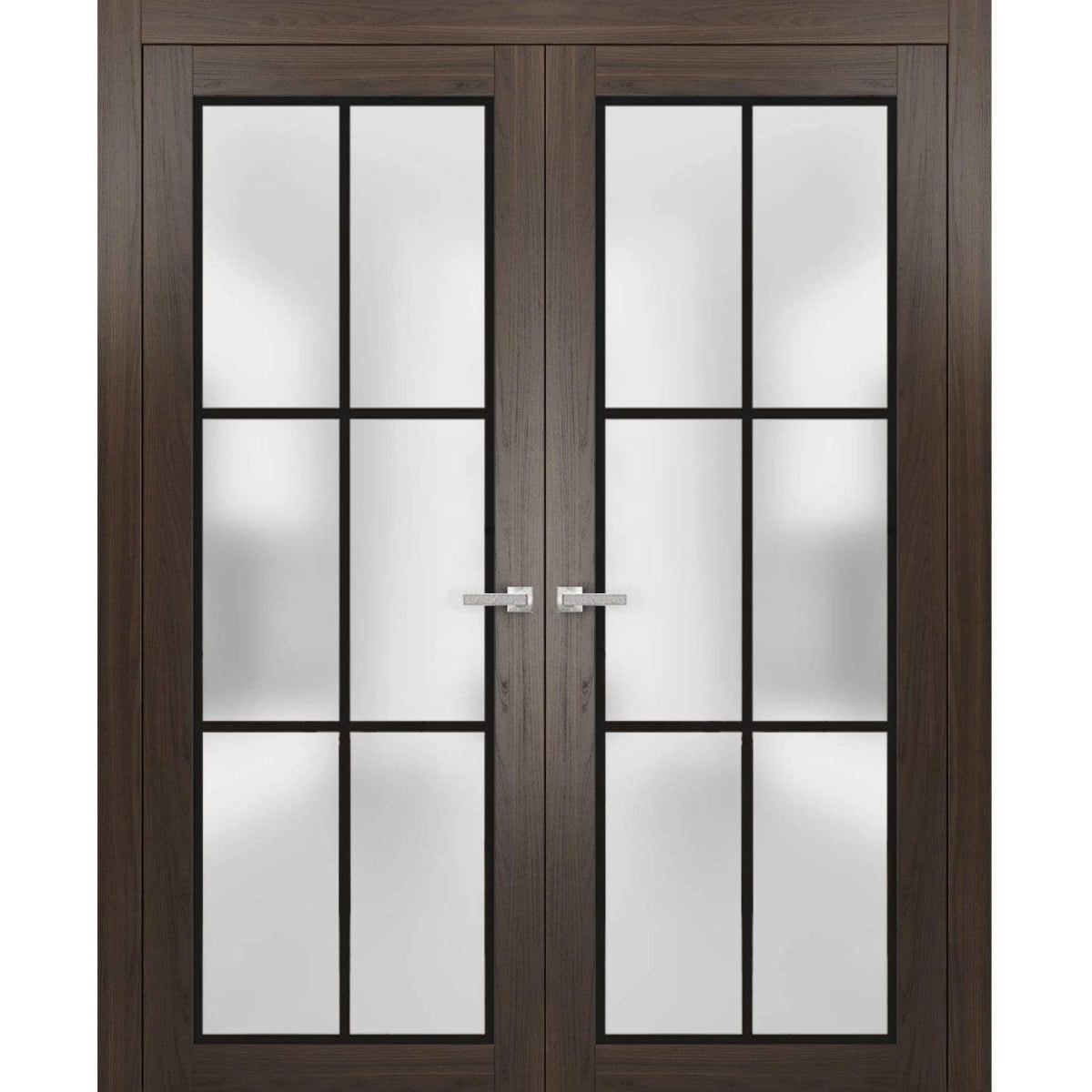 Chocolate Ash French Double Doors with Frosted Glass Panels, 60 x 80 inches