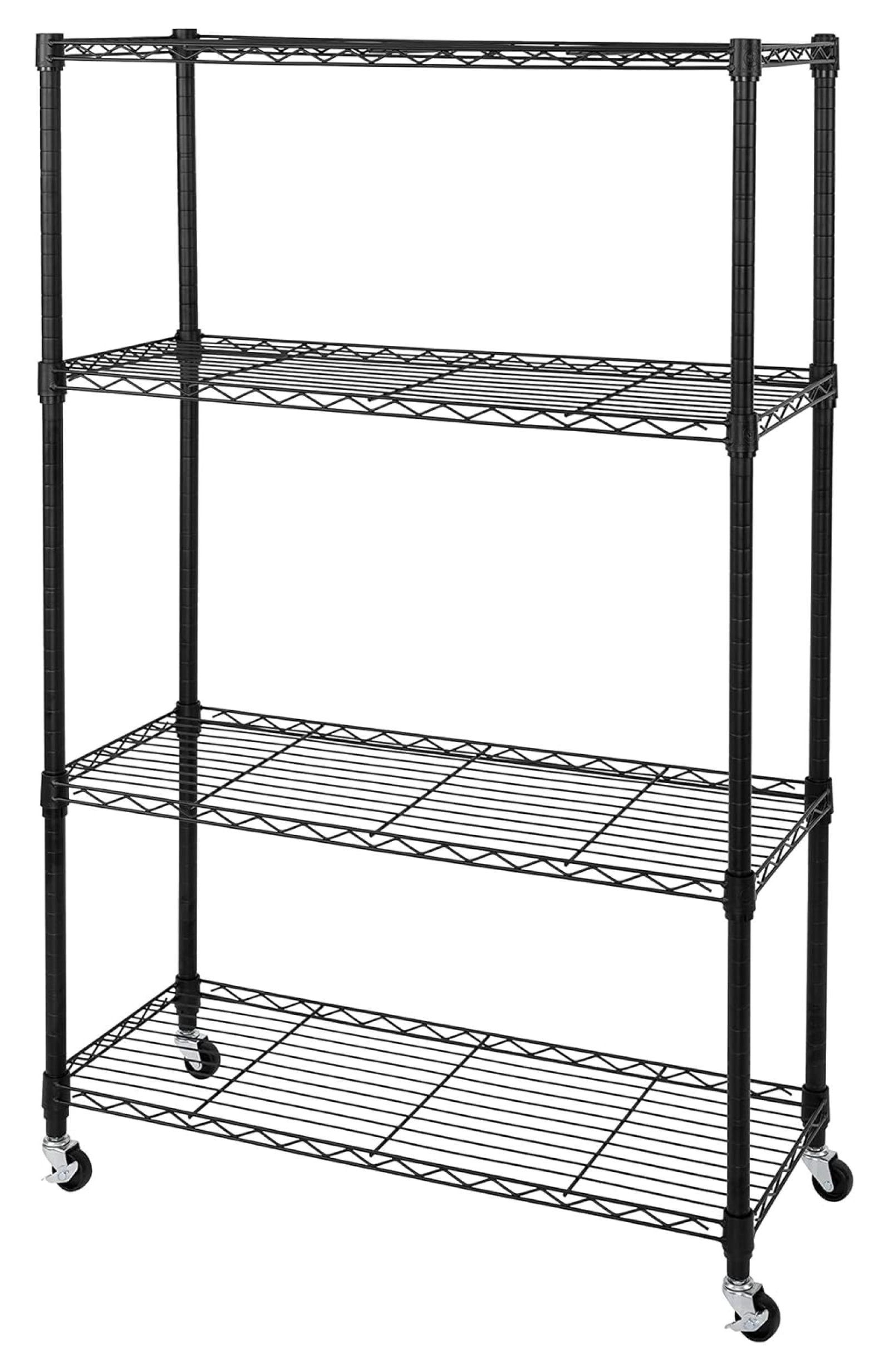 Adjustable Black Steel 4-Tier Wire Shelving Unit with Wheels